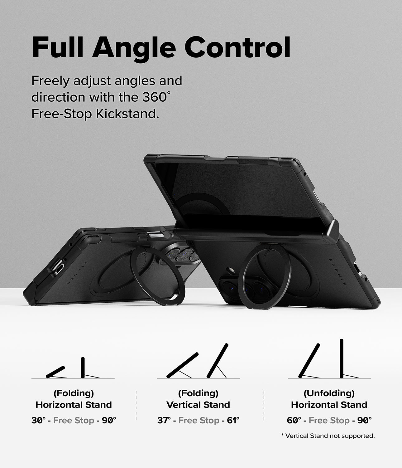 Galaxy Z Fold 8 Ultra Case | Alles - Black kickstand for tablet shown in multiple angles with text explaining full angle control and free-stop kickstand functionality on a light gray background.