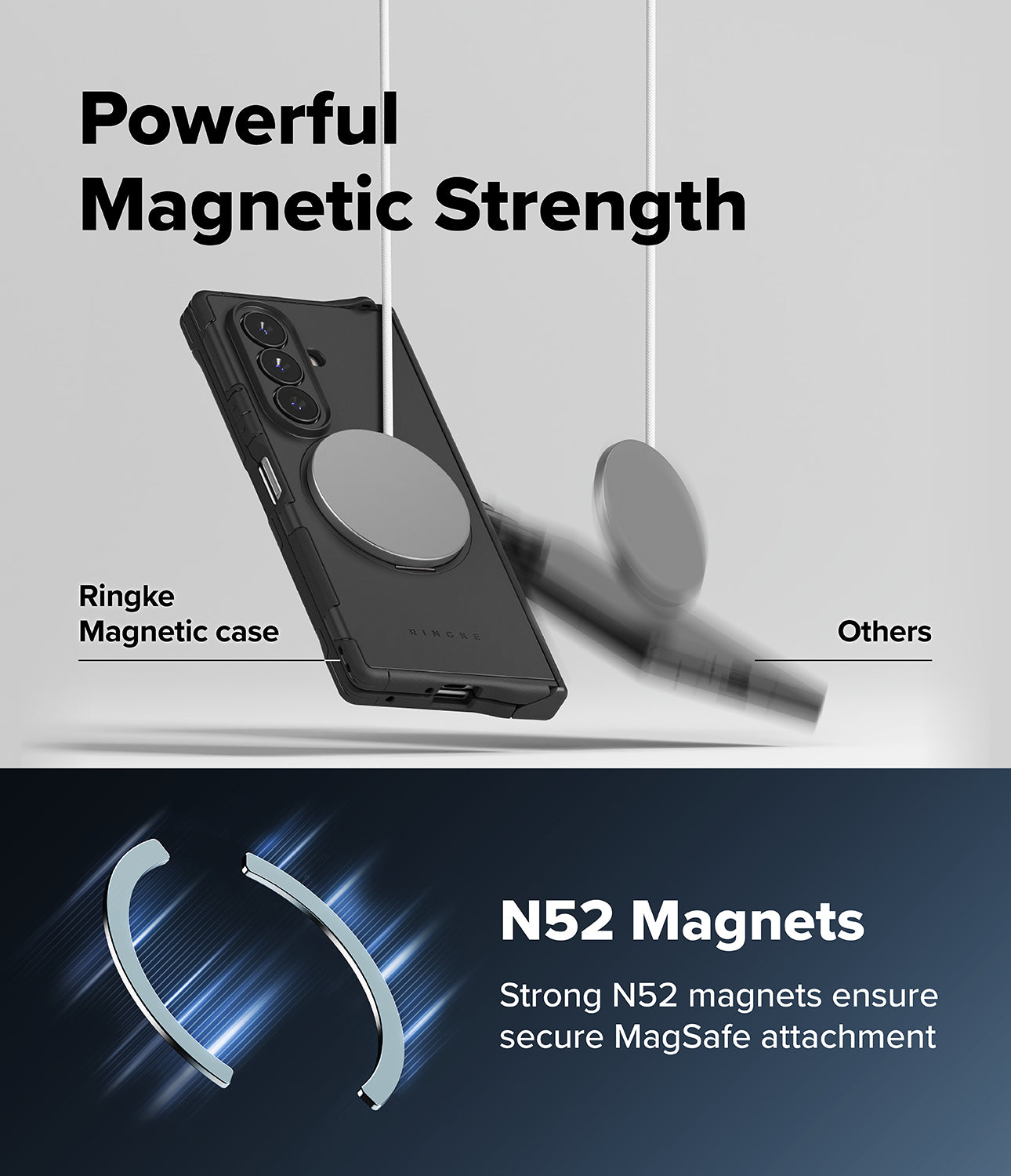 Galaxy Z Fold 8 Ultra Case | Alles - Promotional graphic for a black Ringke magnetic phone case with a circular MagSafe ring, shown floating above a dark blue section labeled 'N52 Magnets' and 'Strong N52 magnets ensure secure MagSafe attachment.' Text at the top reads 'Powerful Magnetic Strength' and compares the case to generic 'Others' magnets.