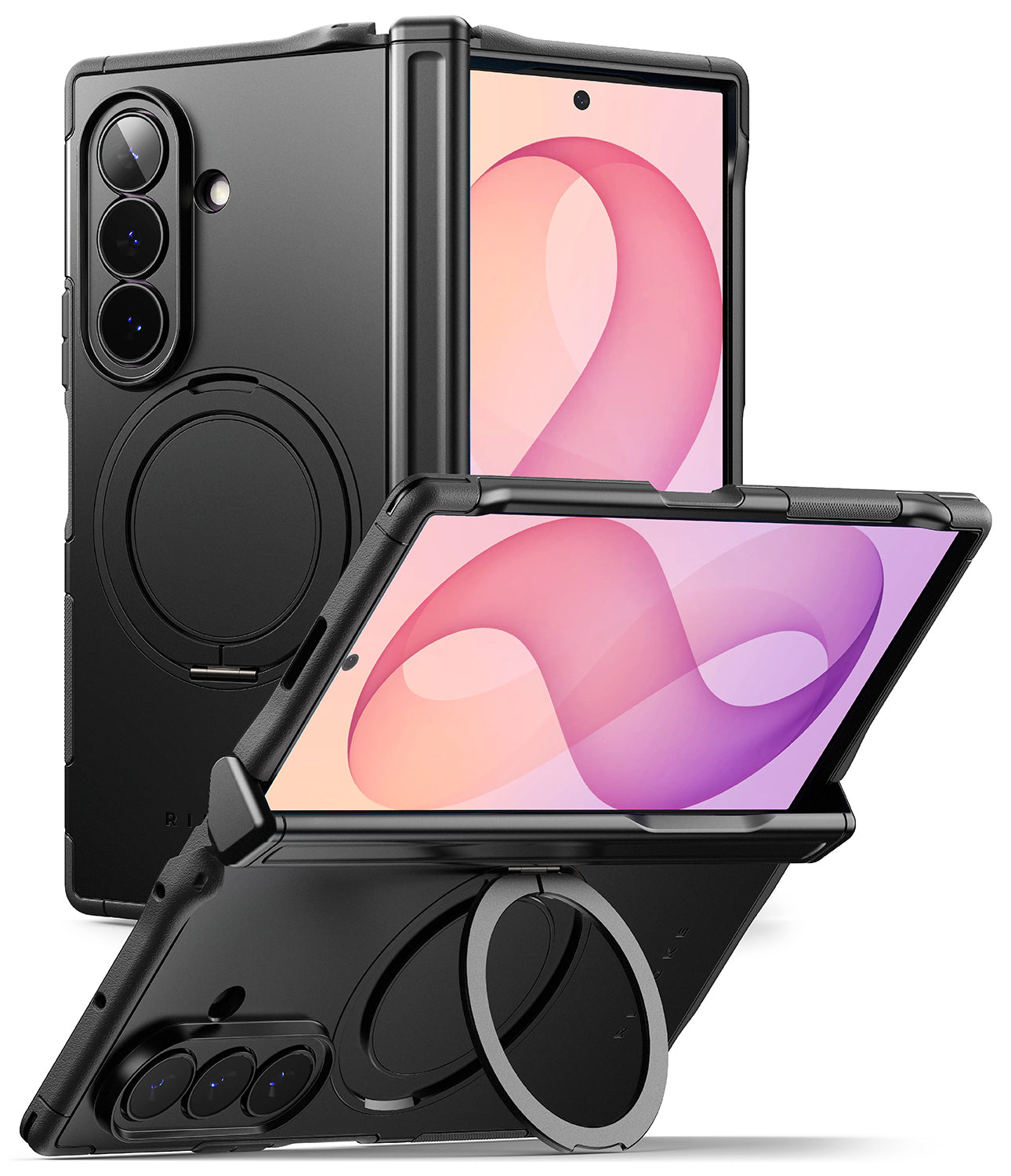 Galaxy Z Fold 8 Ultra Case | Alles - Black protective case for a foldable smartphone, shown in multiple angles with the phone inserted. The case features a circular magnetic ring on the back, a rugged raised edge, and a built-in kickstand, displayed on a clean white background.