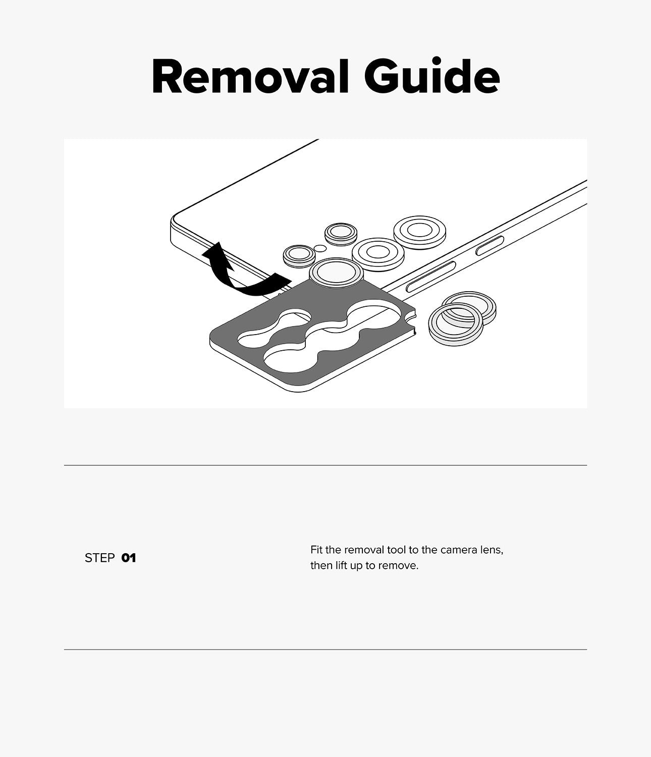 Galaxy Z Fold 8 Ultra | Camera Lens Frame Glass (2 Pack) - Camera lens protector removal guide showing the tool placement and lifting step to remove the lens cover.