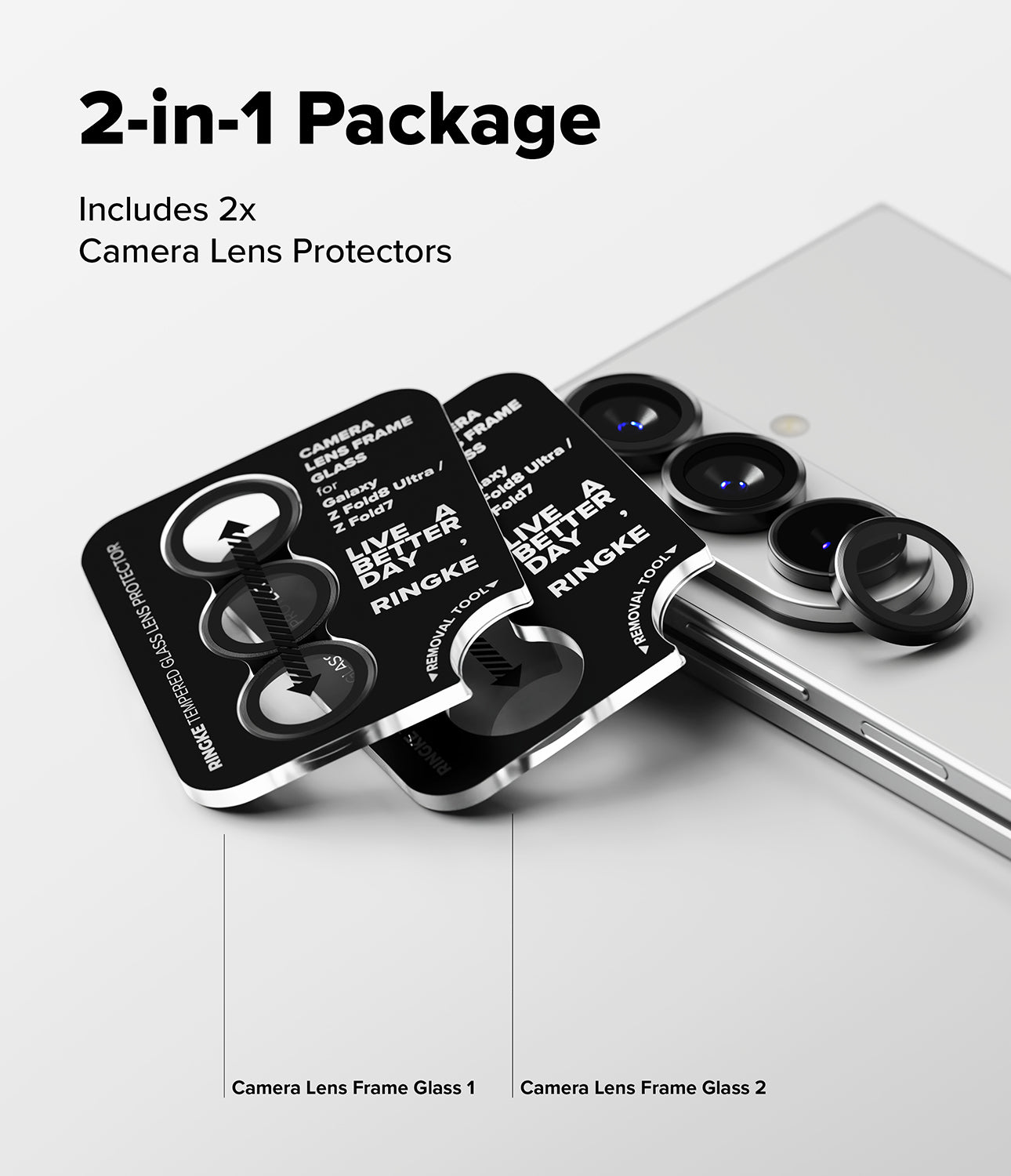 Galaxy Z Fold 8 Ultra | Camera Lens Frame Glass (2 Pack) - Two black lens protector sets next to a smartphone with installed lenses.