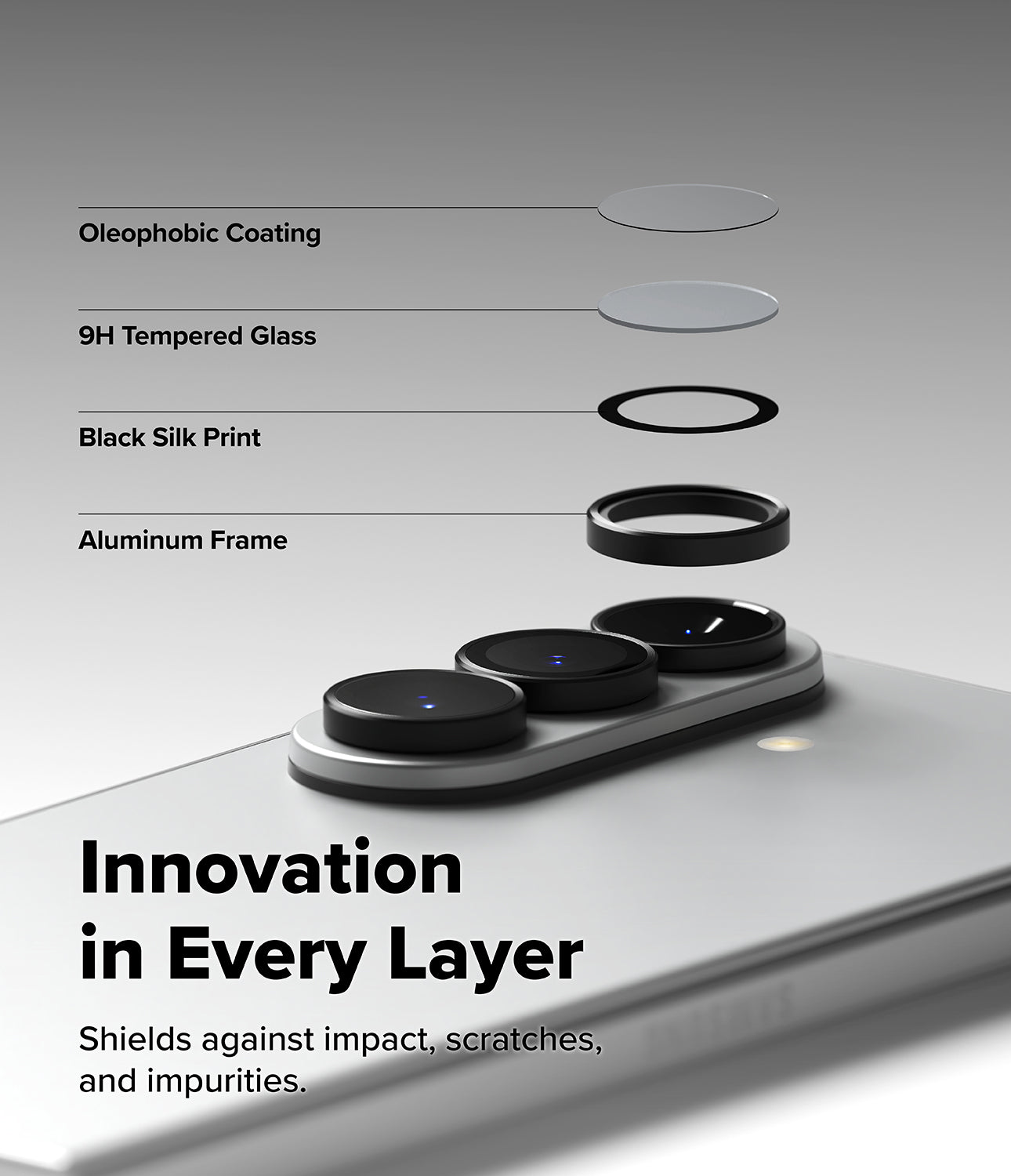 Galaxy Z Fold 8 Ultra | Camera Lens Frame Glass (2 Pack) - Exploded view of camera lens protector layers including coating, tempered glass, and aluminum frame.