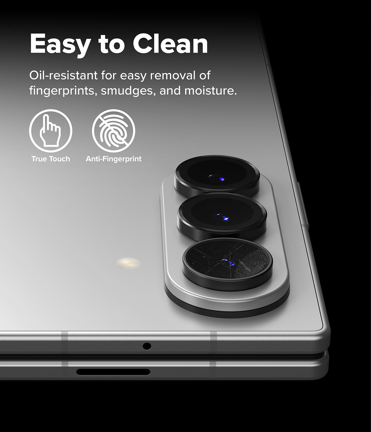 Galaxy Z Fold 8 Ultra | Camera Lens Frame Glass (2 Pack) - Camera lens protectors on a smartphone back, highlighting oleophobic coating and anti-fingerprint tech.