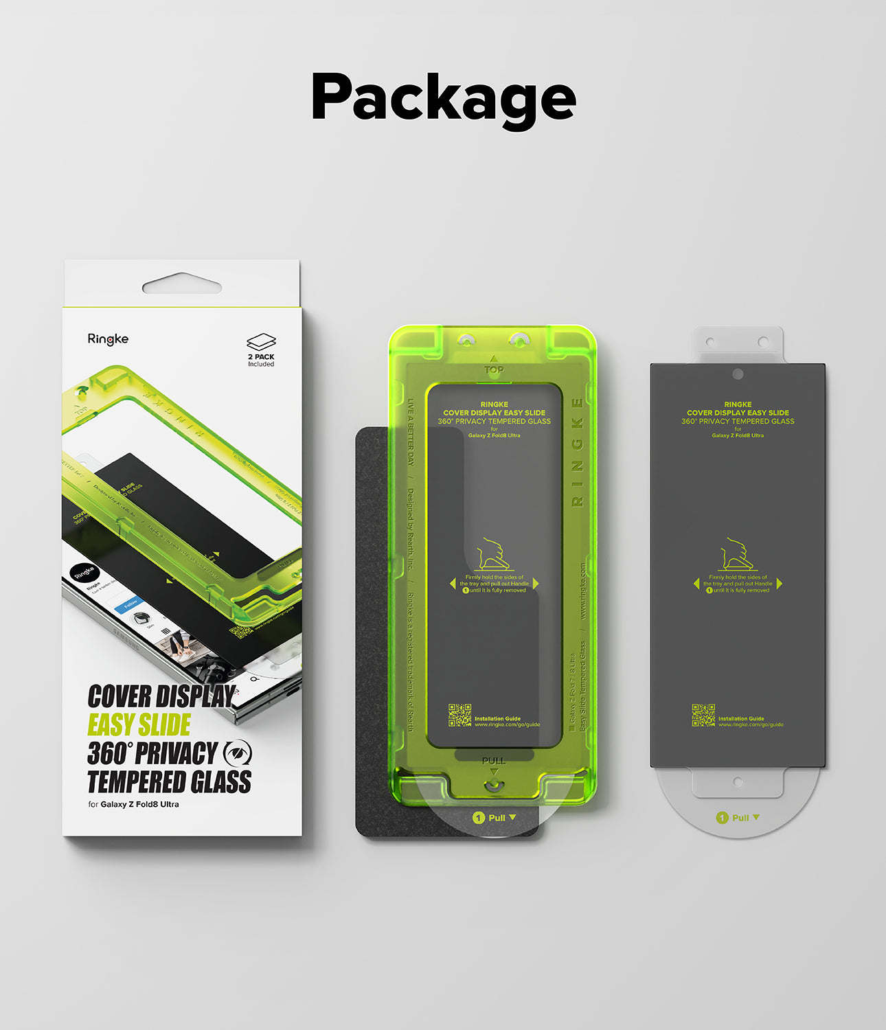 Galaxy Z Fold 8 Ultra Screen Protector | Cover Display Easy Slide 360° Privacy Tempered Glass (2 Pack) - Product packaging for a phone screen protector set on a light gray background, with the word 'Package' at the top. The set includes a retail box, a translucent neon green screen protector over a phone frame, and a dark gray backing card.