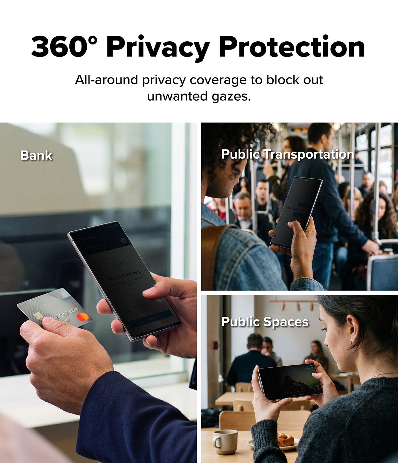 Galaxy Z Fold 8 Ultra Screen Protector | Cover Display Easy Slide 360° Privacy Tempered Glass (2 Pack) - Promotional graphic for a privacy screen filter, featuring the text '360° Privacy Protection' at the top and three lifestyle panels demonstrating its use in 'Bank' settings, 'Public Transportation', and 'Public Spaces' with people holding smartphones.