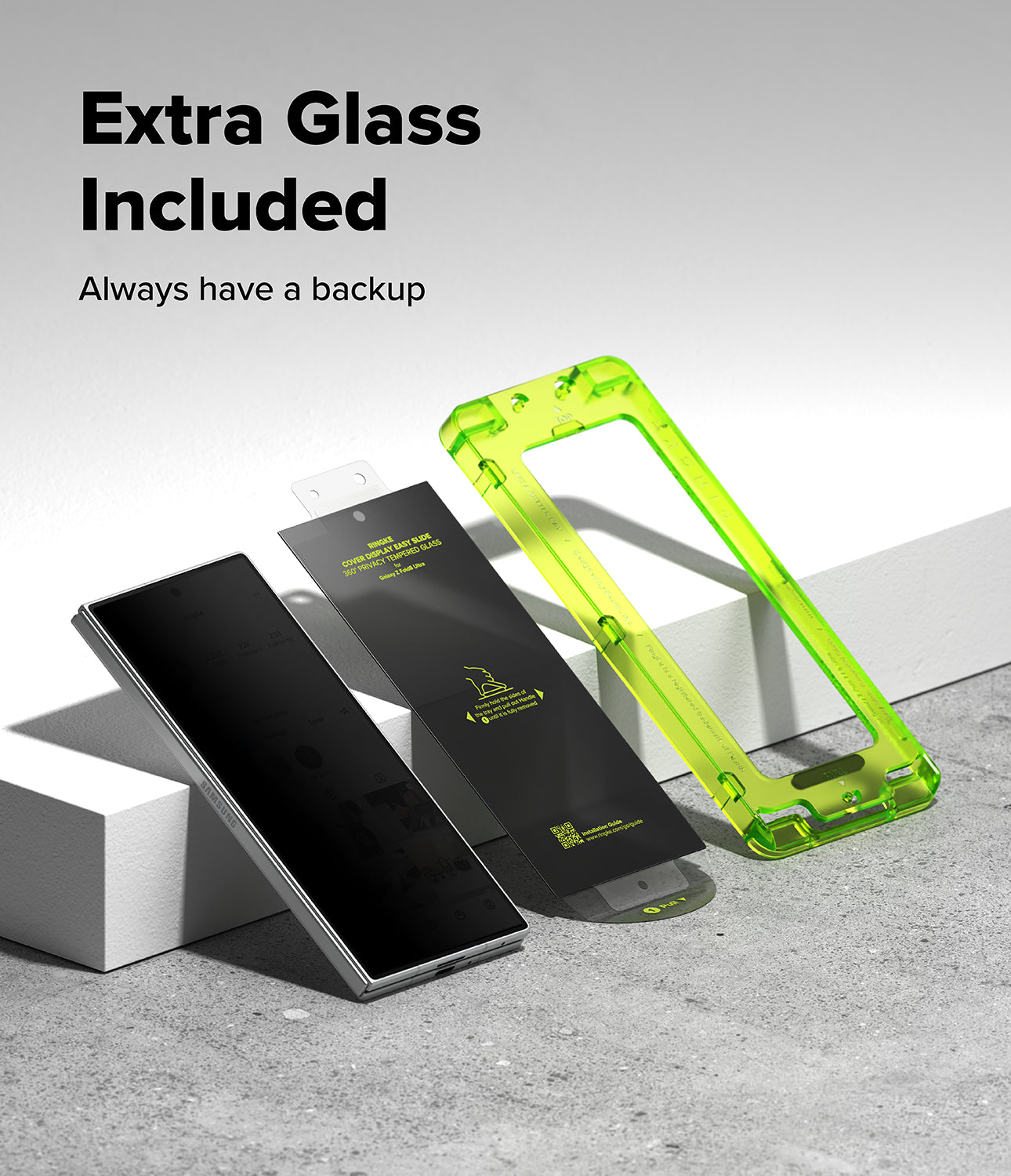 Galaxy Z Fold 8 Ultra Screen Protector | Cover Display Easy Slide 360° Privacy Tempered Glass (2 Pack) - A smartphone accessory set on a light gray studio surface: a black smartphone, a transparent black screen protector, and a bright neon green extra glass backup case, with text reading 'Extra Glass Included' and 'Always have a backup.'.