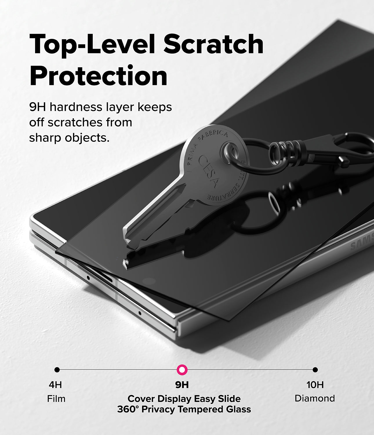 Galaxy Z Fold 8 Ultra Screen Protector | Cover Display Easy Slide 360° Privacy Tempered Glass (2 Pack) - A smartphone with a dark tempered glass screen protector and a metal key resting on top, shown on a light gray background with marketing text about 9H scratch protection and a hardness scale from 4H to 10H.