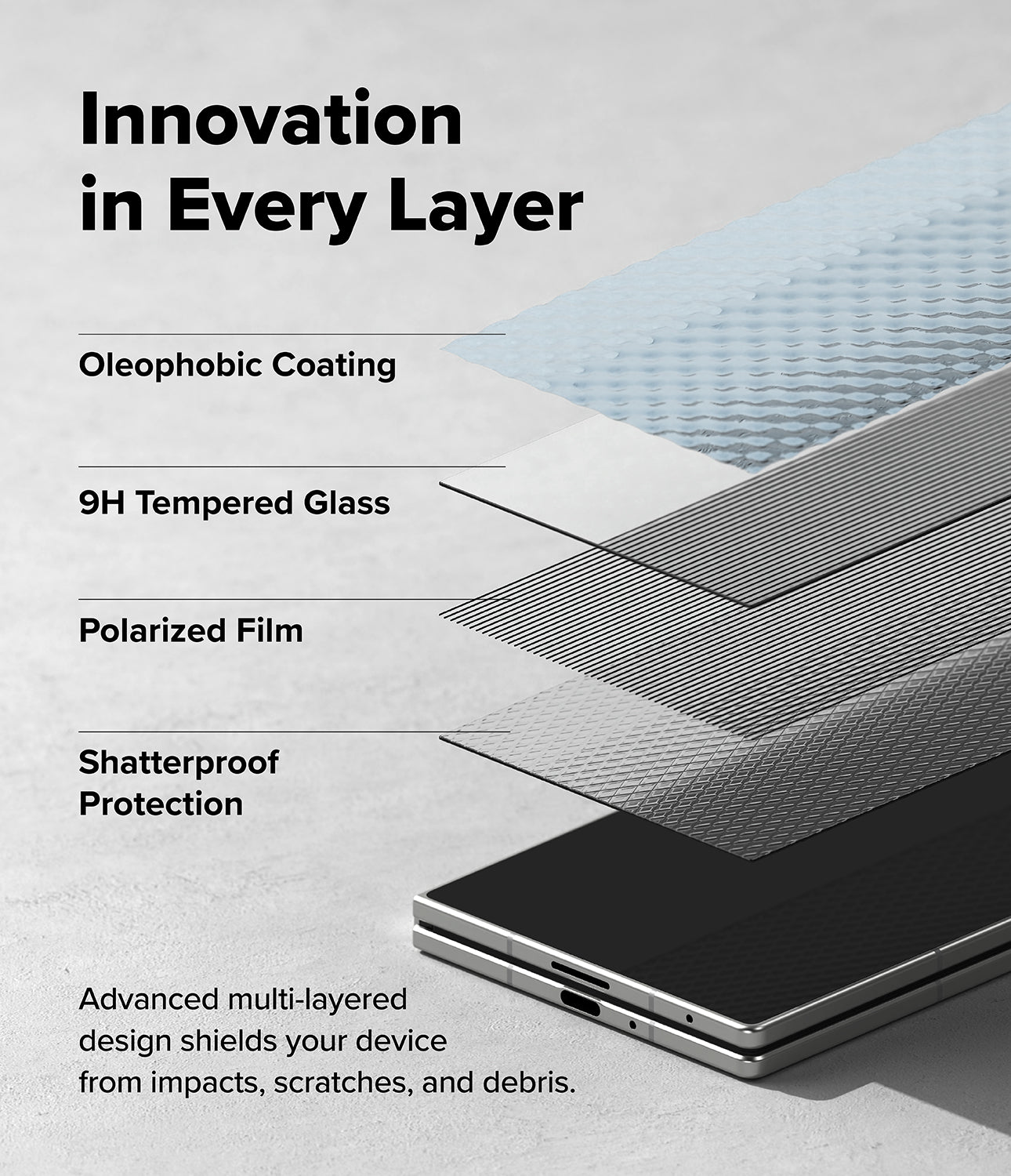Galaxy Z Fold 8 Ultra Screen Protector | Cover Display Easy Slide Privacy Tempered Glass (2 Pack) - A promotional graphic showing a layered device with text callouts reading 'Innovation in Every Layer,' 'Oleophobic Coating,' '9H Tempered Glass,' 'Polarized Film,' and 'Shatterproof Protection.' The device is shown at an angle on a light gray background with a subtle blue textured area in the upper right.