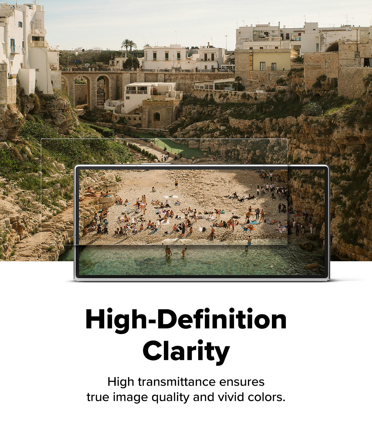 Galaxy Z Fold 8 Ultra Screen Protector | Cover Display Easy Slide Privacy Tempered Glass (2 Pack) - A promotional graphic showing a beach and cliffside village scene above a framed high-definition screen mockup with the text 'High-Definition Clarity' and 'High transmittance ensures true image quality and vivid colors.'.
