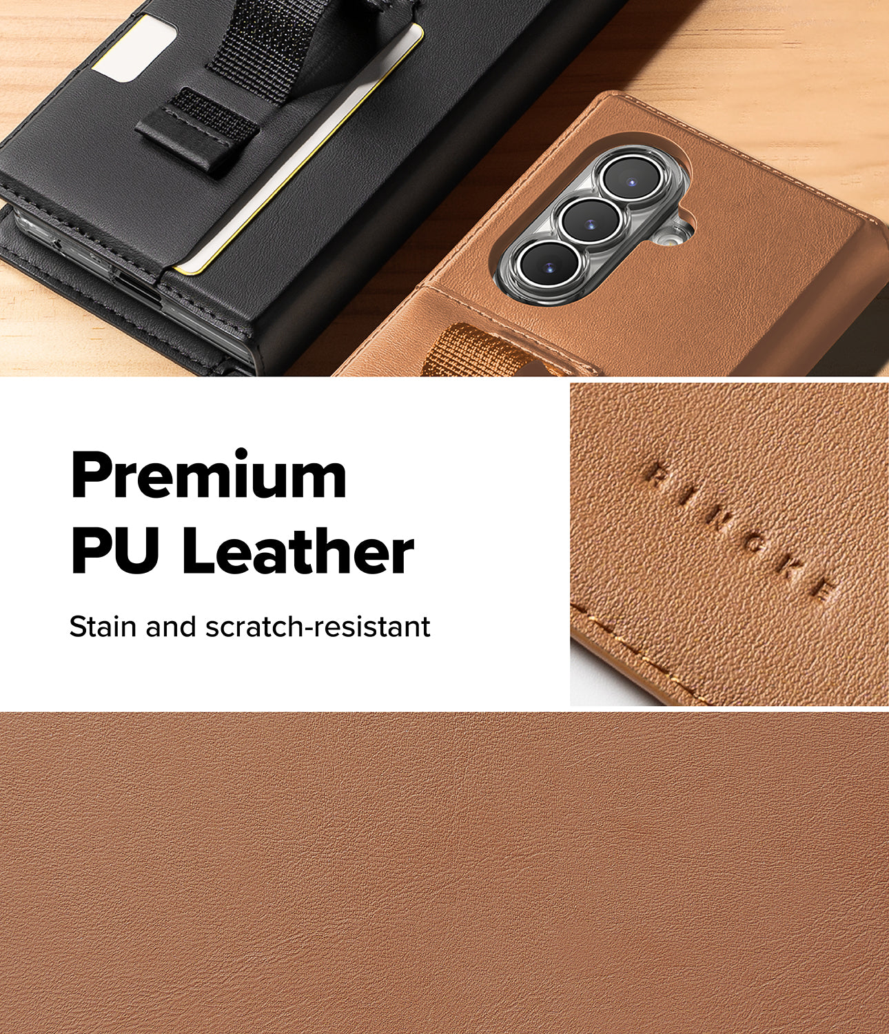Galaxy Z Fold 8 Ultra MagSafe Wallet | Folio Grip Wallet Magnetic - A phone wallet case shown in two views on a light wood surface: one black case with a strap and one tan/brown case with a camera cutout and card slot. Text reads 'Premium PU Leather' and 'Stain and scratch-resistant,' with a close-up of the tan leather texture.