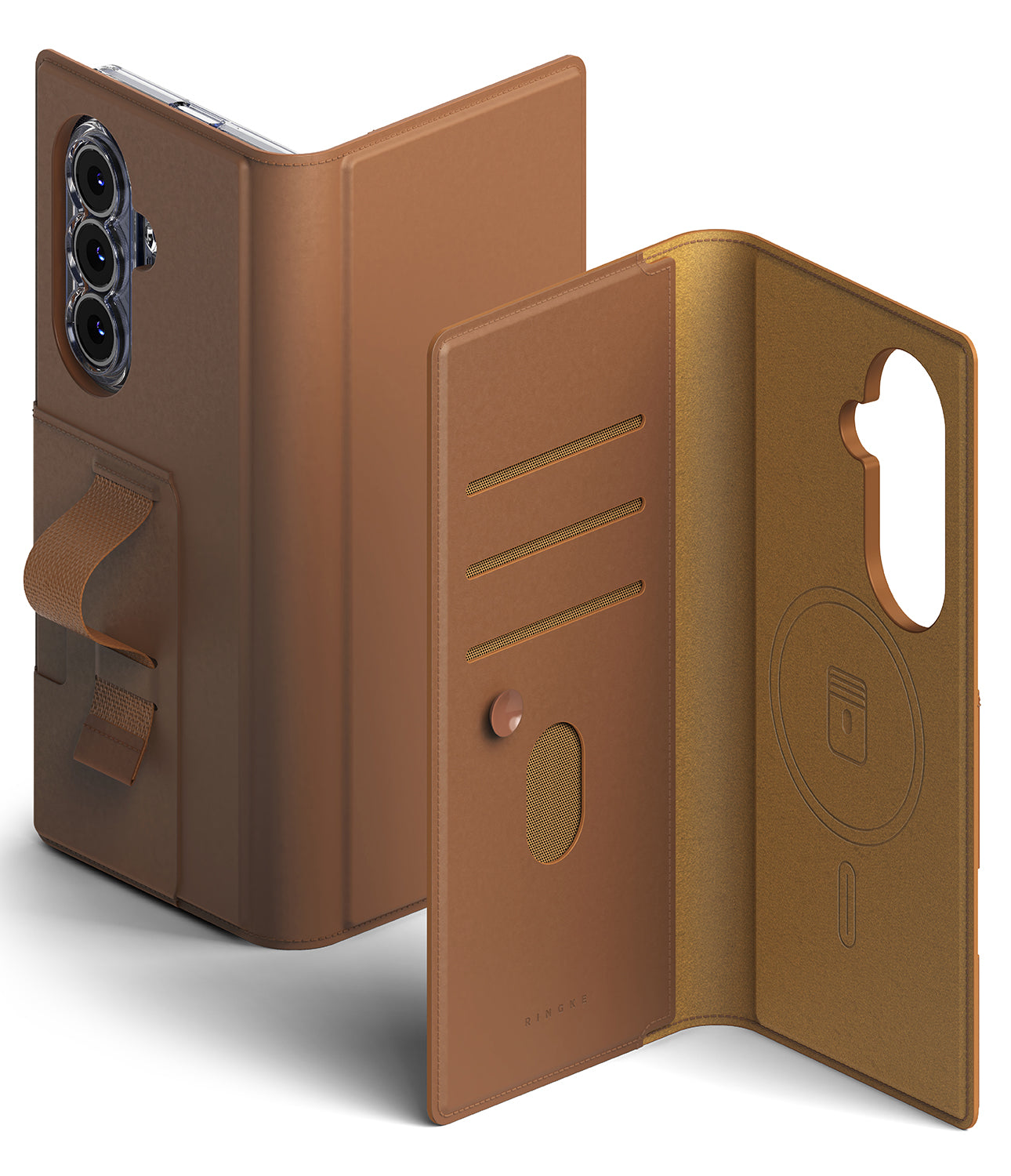 Galaxy Z Fold 8 Ultra MagSafe Wallet | Folio Grip Wallet Magnetic - A brown folio-style phone case shown closed and open, card slots on the inside, and a magnetic charging area on the inner flap, photographed on a clean white background.