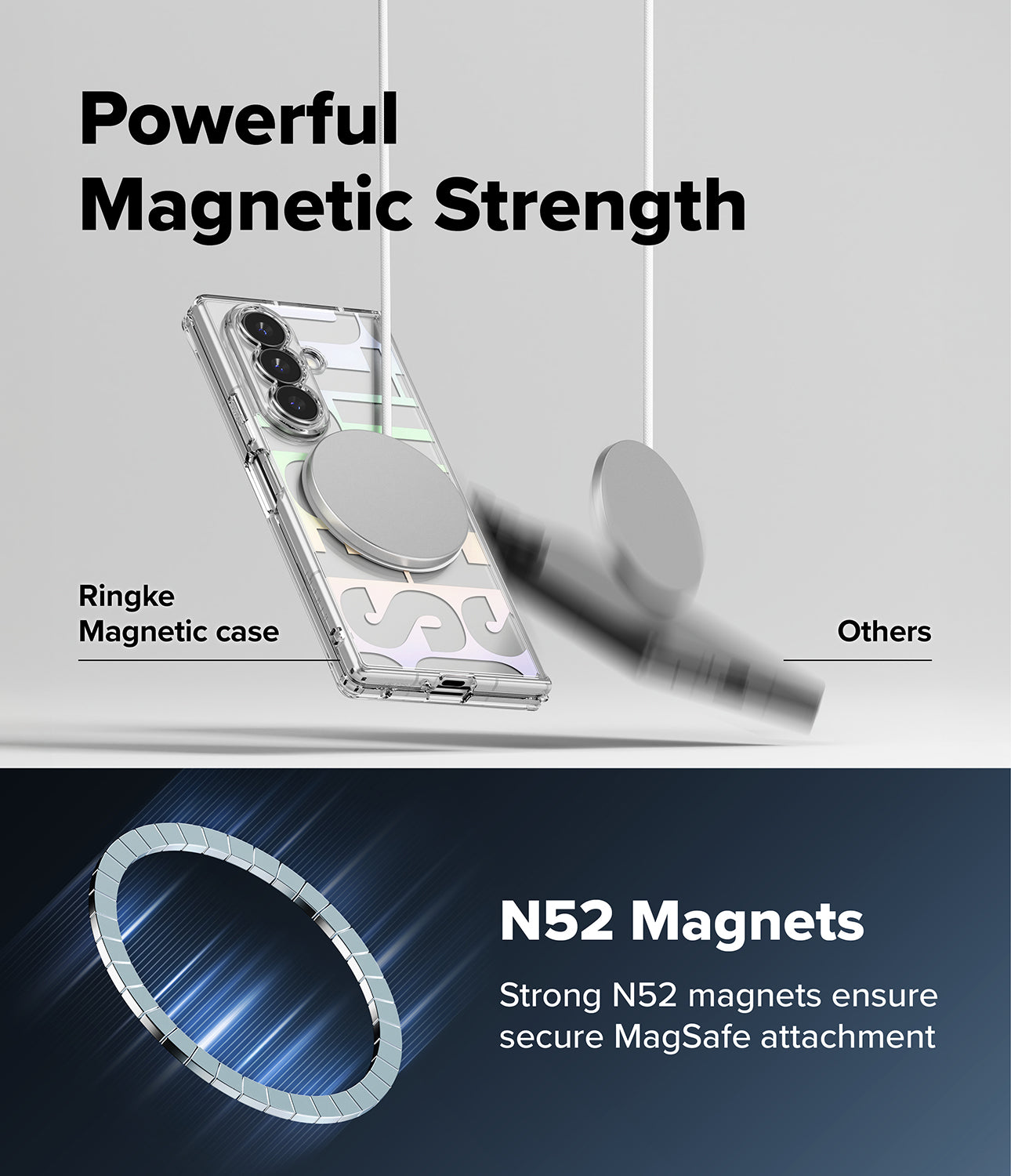 Galaxy Z Fold 8 Ultra Case | Fusion Design Magnetic - Promotional graphic for a transparent magnetic phone case with a circular MagSafe ring. The top half shows the case on a phone with a blurred comparison of a standard magnetic case, labeled 'Powerful Magnetic Strength' and 'Ringke Magnetic case' vs 'Others'.