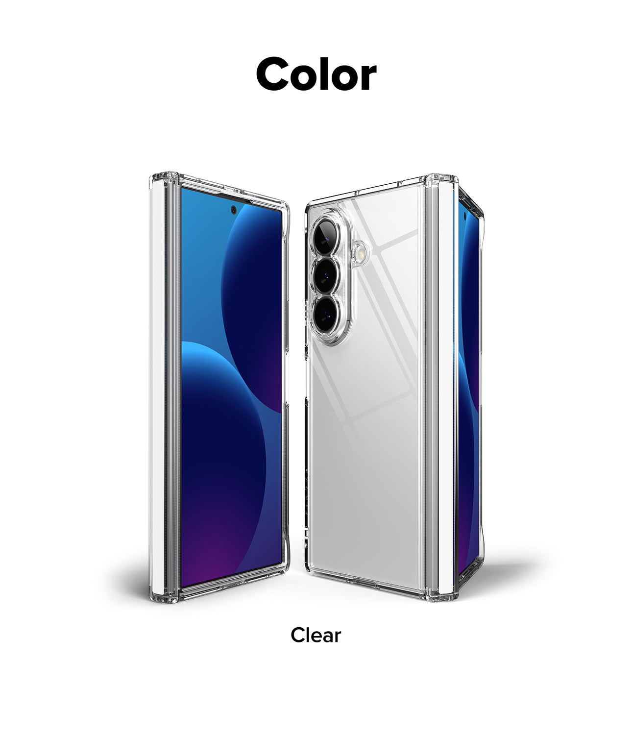 Galaxy Z Fold 8 Ultra Case | Fusion Flap - A clear smartphone case shown on a phone from front and back views, with the text 'Color' at the top and 'Clear' at the bottom on a white background.