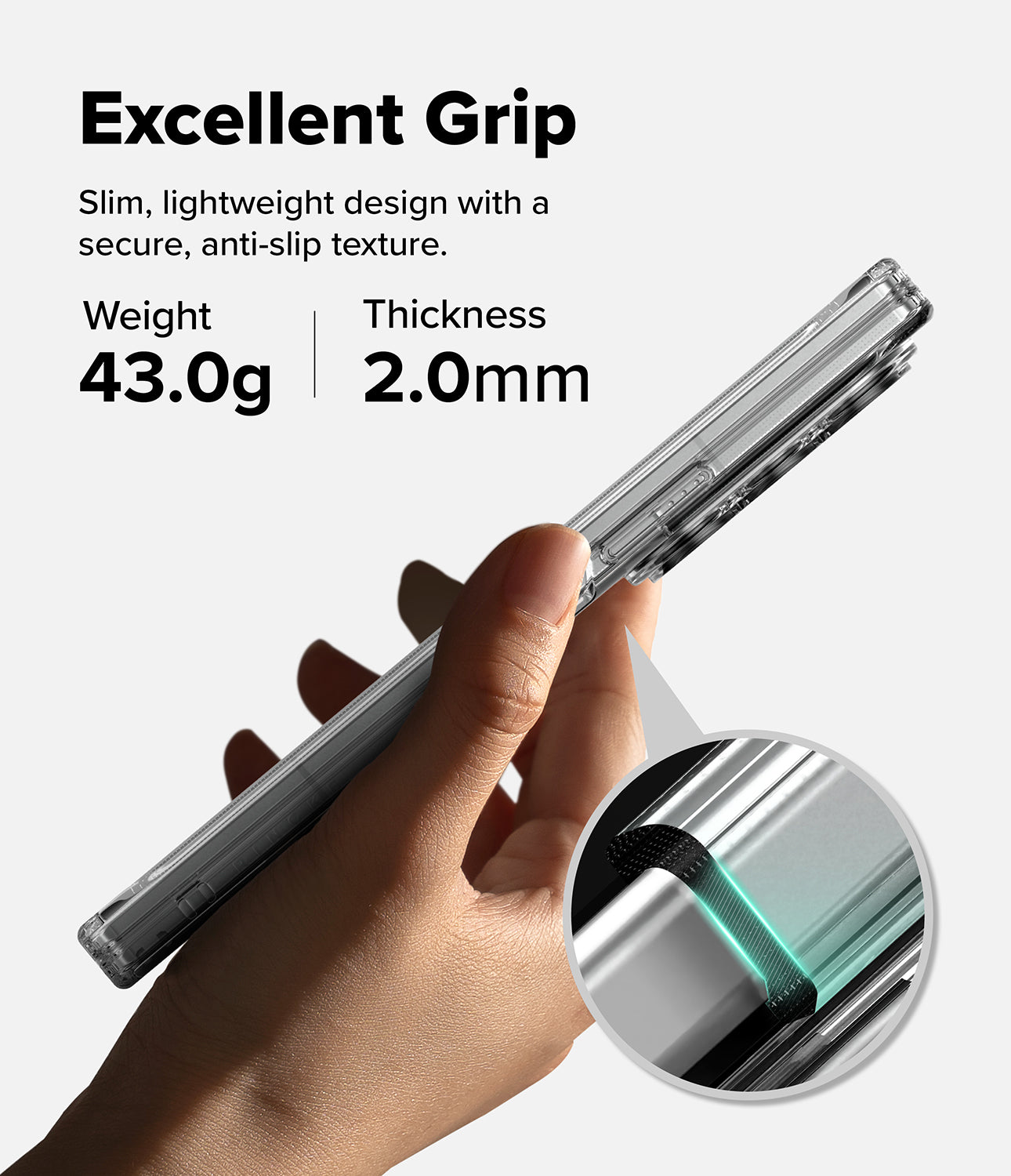 Galaxy Z Fold 8 Ultra Case | Fusion Flap - A hand holds a slim transparent phone case with a metallic silver inner frame, shown with marketing text reading 'Excellent Grip' and 'Weight 43.0g | Thickness 2.