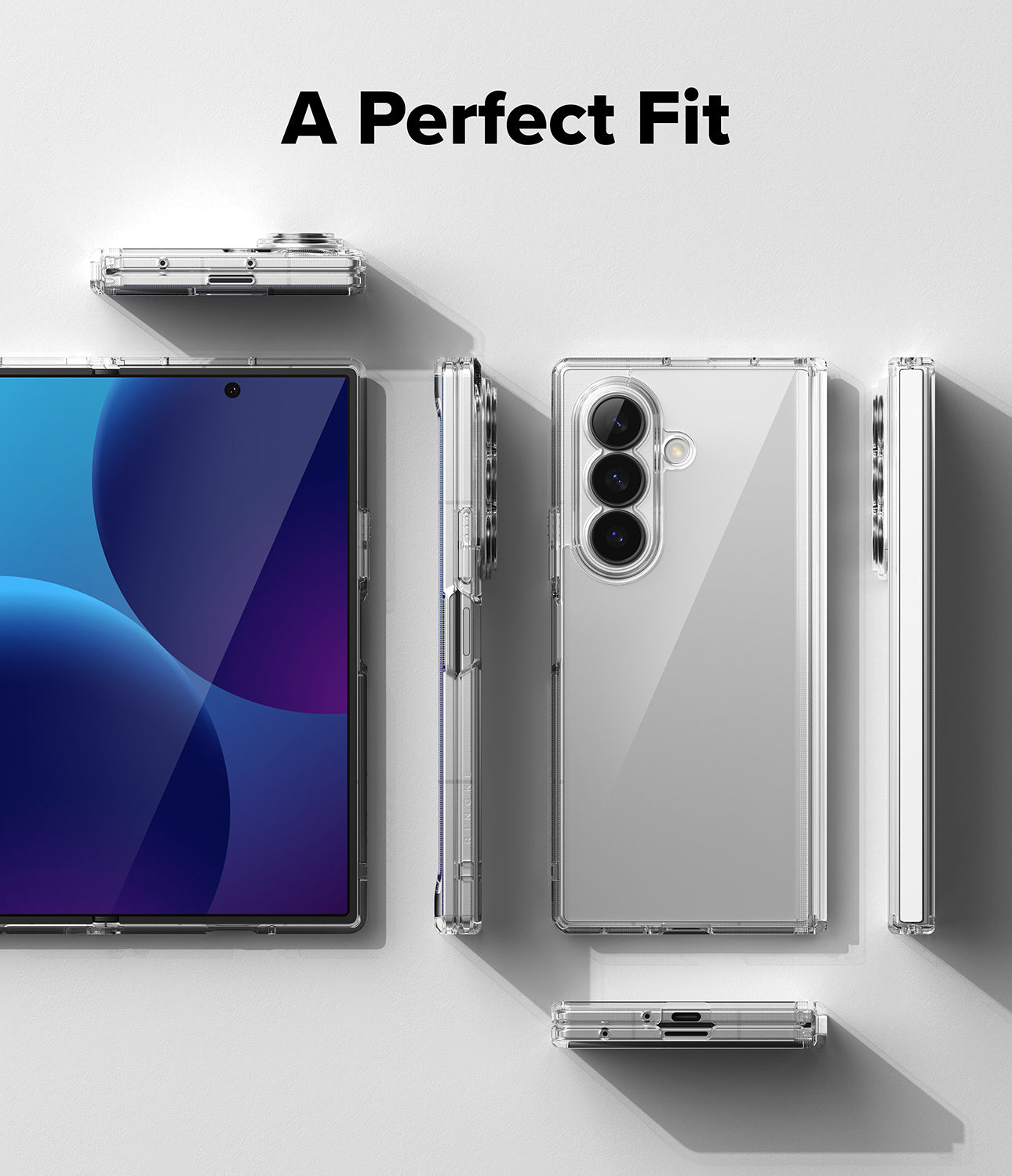 Galaxy Z Fold 8 Ultra Case | Fusion Flap - A clear, transparent protective case shown on a silver smartphone from multiple angles, with the text 'A Perfect Fit' at the top. The phone is displayed on a clean, light gray background with soft shadows.