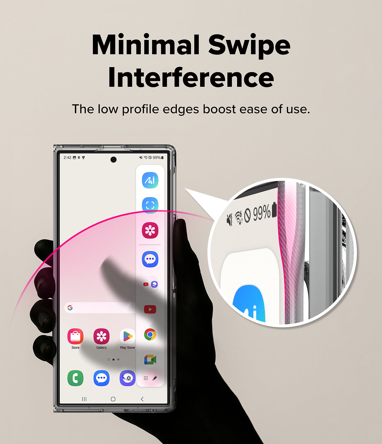 Galaxy Z Fold 8 Ultra Case | Fusion Magnetic - A hand holding a smartphone with a clear protective case, shown on a beige background with marketing text reading 'Minimal Swipe Interference' and a circular inset highlighting the low-profile edge design.