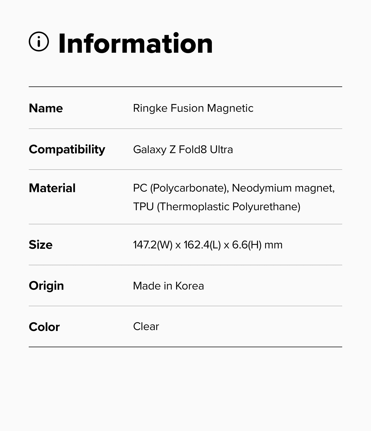 Galaxy Z Fold 8 Ultra Case | Fusion Magnetic - An information card with a light gray background and black text listing details for the Ringke Fusion Magnetic, including compatibility with Galaxy Z Fold Ultra, material composition, dimensions, origin, and color.