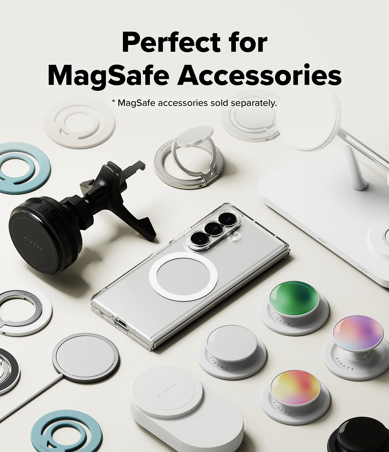 Galaxy Z Fold 8 Ultra Case | Fusion Magnetic - A promotional layout showing MagSafe-compatible phone accessories arranged on a light background, including a smartphone with a circular MagSafe ring, a black magnetic mount, several white ring clips, a white stand, and multiple pop-swap grips in white, black, and iridescent colors. Text at the top reads, 'Perfect for MagSafe Accessories' with smaller text noting MagSafe accessories are sold separately.