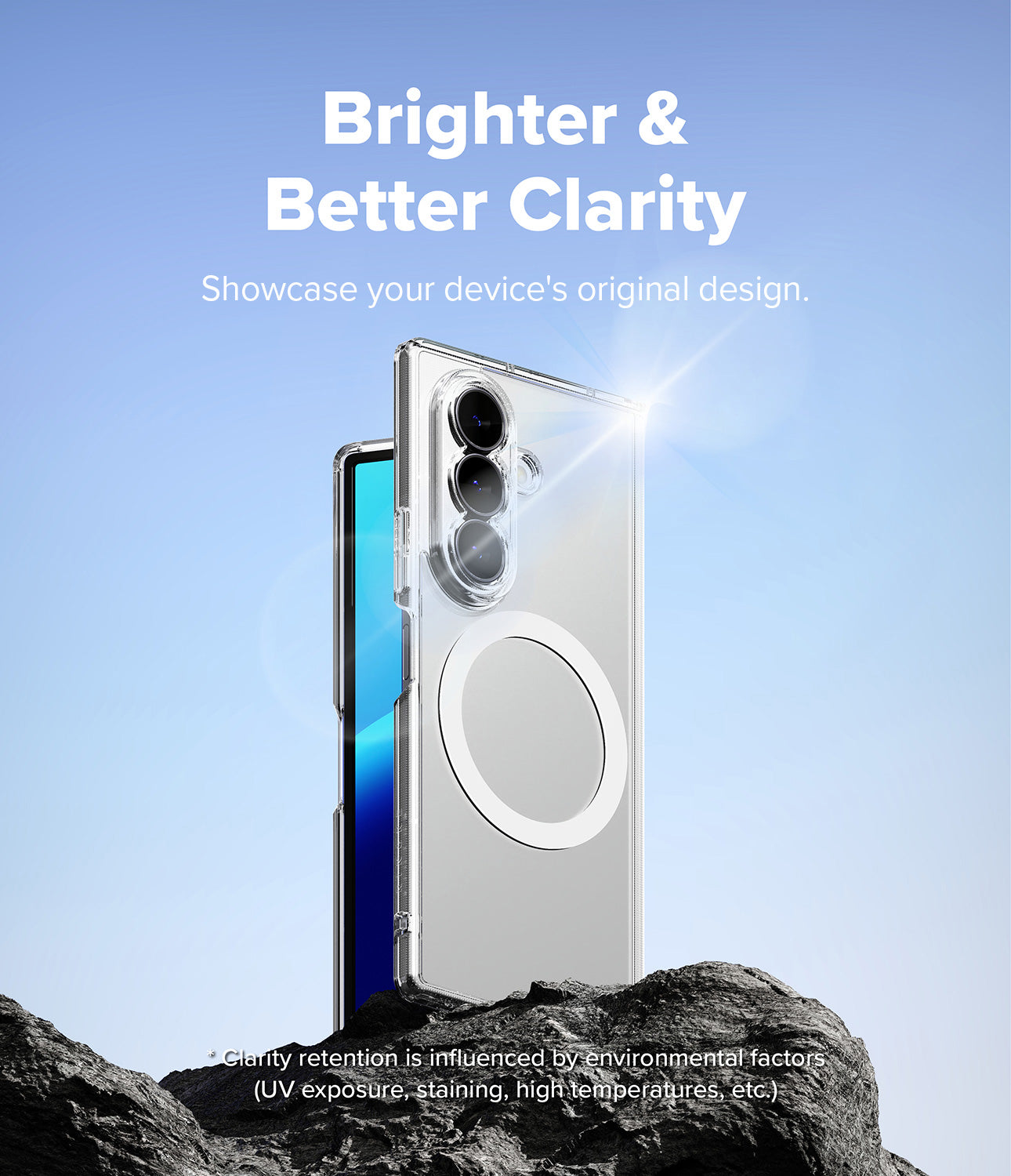 Galaxy Z Fold 8 Ultra Case | Fusion Magnetic - A clear protective phone case shown on a smartphone, with the case and phone standing upright on dark rocks against a blue sky background. White text at the top reads 'Brighter & Better Clarity' and small disclaimer text appears near the bottom.