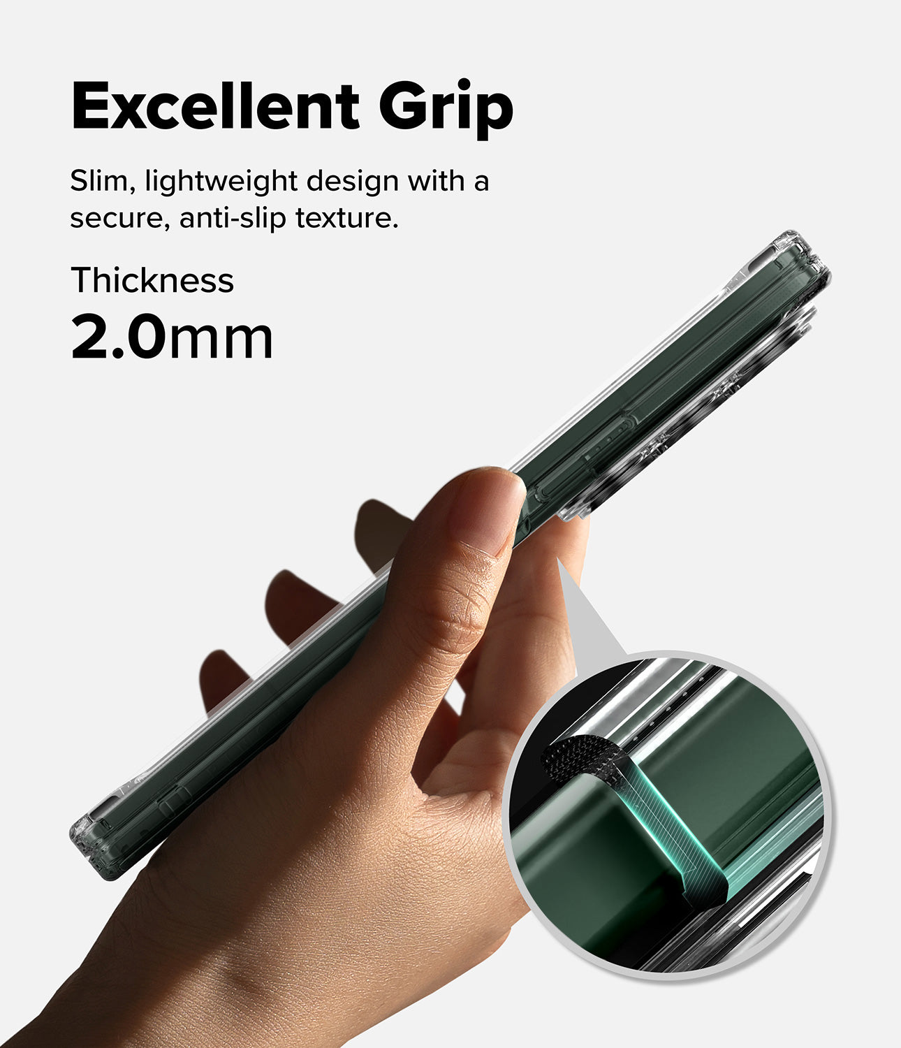 Galaxy Z Fold 8 Ultra Case | Fusion Magnetic - A hand holds a slim dark green phone case with text reading 'Excellent Grip' and 'Thickness 2.0mm', plus a circular inset showing the textured grip detail.