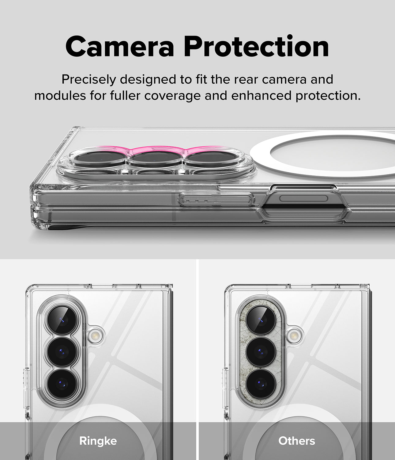 Galaxy Z Fold 8 Ultra Case | Fusion Magnetic - Clear phone case with a circular MagSafe ring and three raised camera cutouts, shown with marketing text and comparison images labeled Ringke and Others.