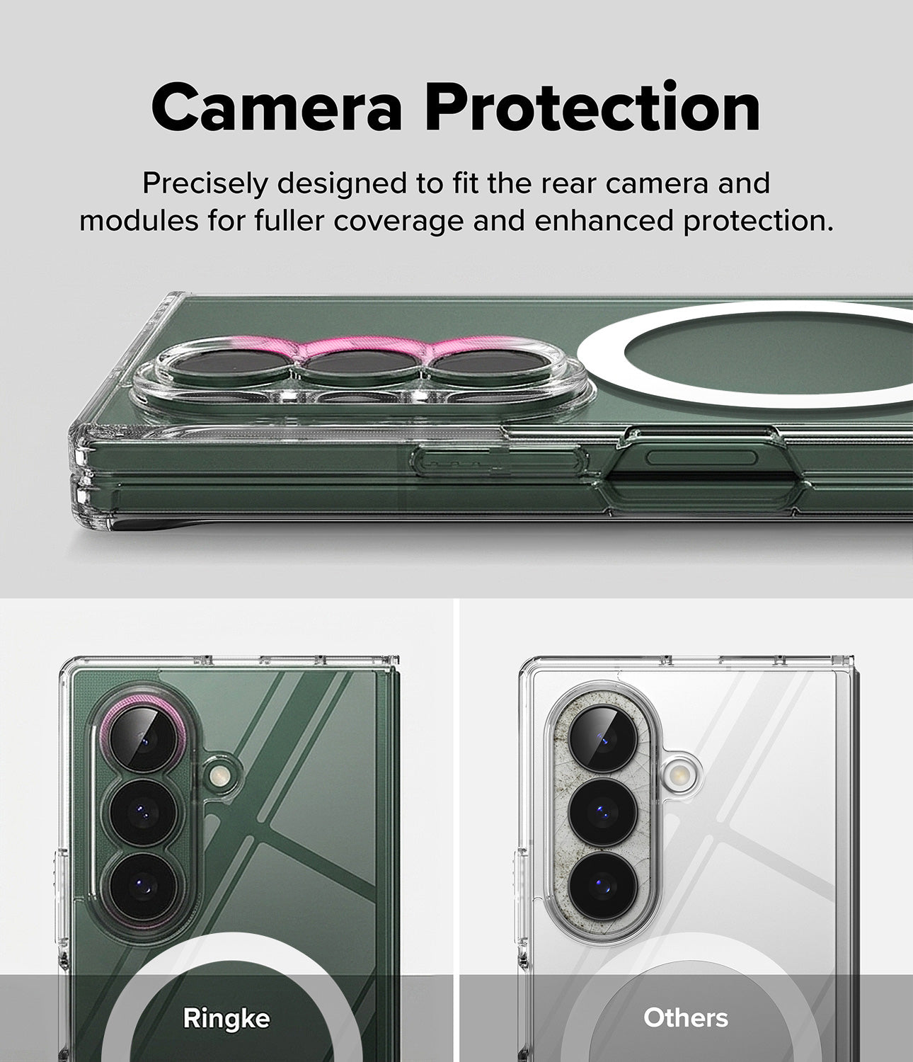 Galaxy Z Fold 8 Ultra Case | Fusion Magnetic - A promotional graphic for a phone camera protection case. The top section shows a dark green phone case with a clear camera cover and a pink accent ring, under the heading 'Camera Protection'.
