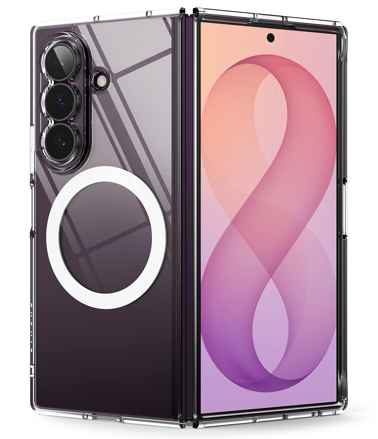 Galaxy Z Fold 8 Ultra Case | Fusion Magnetic - A clear protective case for a foldable smartphone, shown open to display both the back and front views. The back features a dark reflective finish with a prominent white circular magnetic ring, and the front screen displays a pink and purple wallpaper.