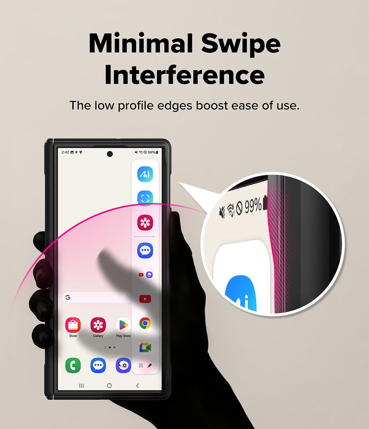 Galaxy Z Fold 8 Ultra Case | Onyx Flap - A hand holds a smartphone to demonstrate a low-profile edge design, with text reading 'Minimal Swipe Interference' and a circular inset showing the slim edge of the phone.