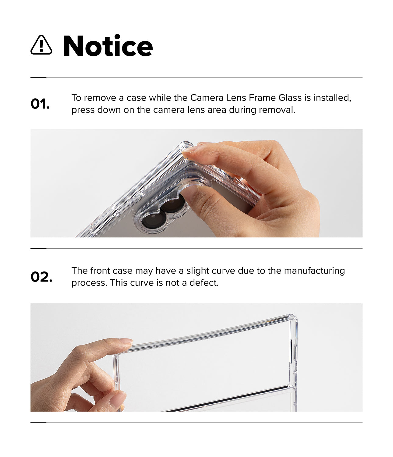 Galaxy Z Fold 8 Ultra Case | Onyx Flap - Instruction notice sheet showing two steps for handling a clear phone case with camera lens glass. Step 01 shows a hand pressing down on the camera lens area to remove the case.