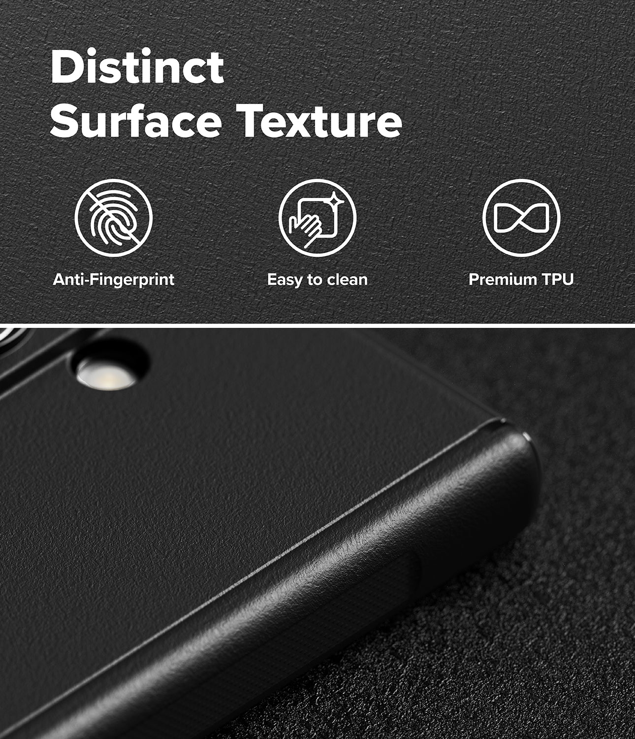 Galaxy Z Fold 8 Ultra Case | Onyx Flap - Close-up of a black textured phone case with a camera cutout, shown below the text 'Distinct Surface Texture' and feature icons for anti-fingerprint, easy to clean, and premium TPU.