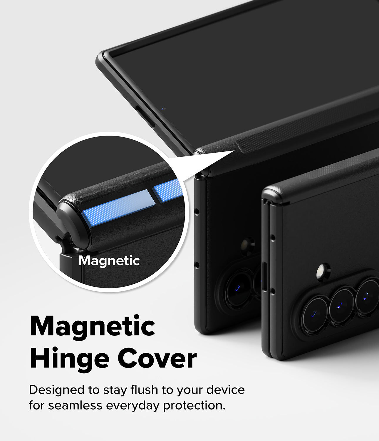 Galaxy Z Fold 8 Ultra Case | Onyx Flap - Black magnetic hinge cover case shown on a smartphone, with a circular inset highlighting the magnetic strip and the text 'Magnetic Hinge Cover' on a light gray background.