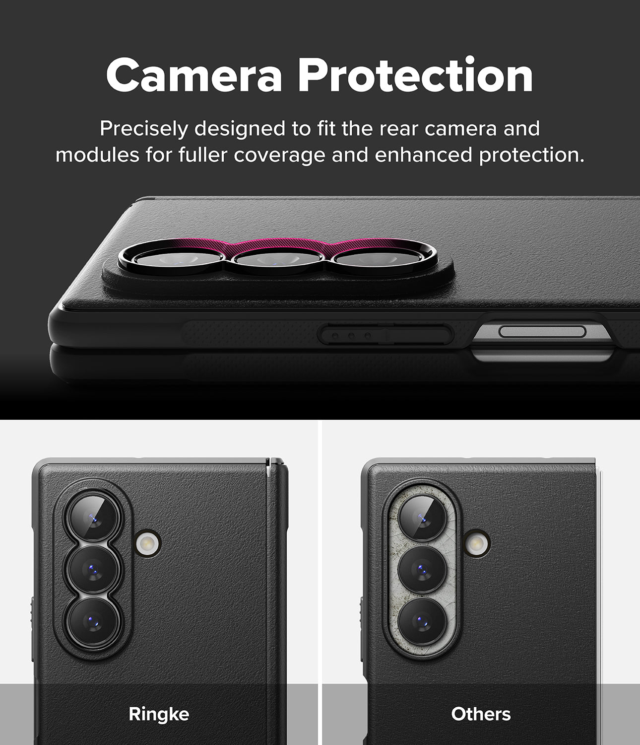 Galaxy Z Fold 8 Ultra Case | Onyx Flap - A black phone camera protection case shown fitted over a smartphone camera module, with text reading 'Camera Protection' and two smaller comparison views below labeled 'Ringke' and 'Others'.