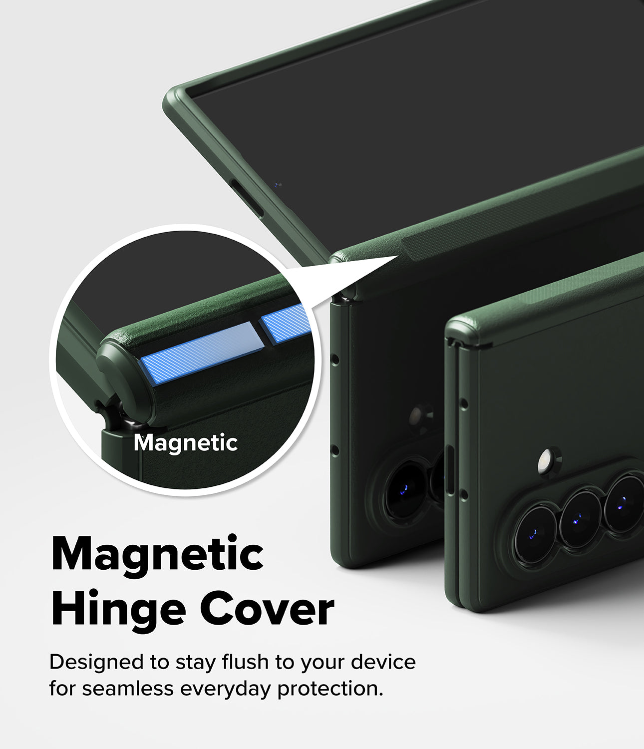 Galaxy Z Fold 8 Ultra Case | Onyx Flap - Dark green magnetic hinge cover case shown on a smartphone, with a circular inset highlighting the magnetic feature and text reading 'Magnetic Hinge Cover' on a light gray background.