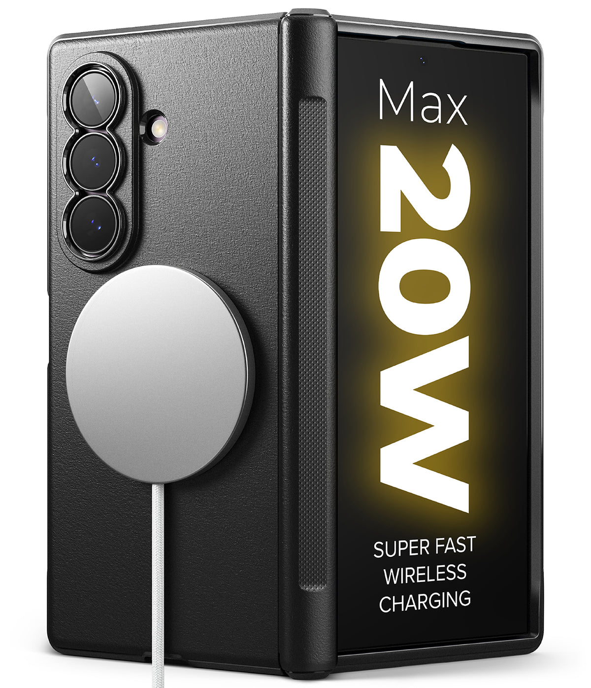 Galaxy Z Fold 8 Ultra Case | Onyx Flap Magnetic (BK) - A black textured phone case with a circular magnetic ring on the back, shown alongside a smartphone displaying a pink and purple wallpaper. The case is photographed on a clean white background.