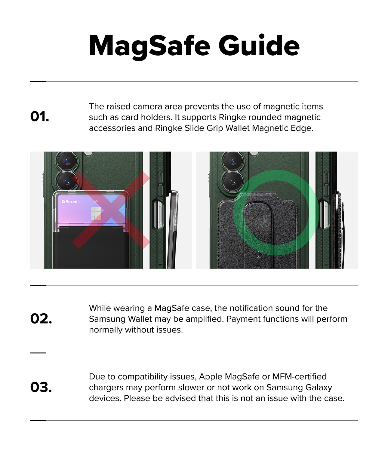 Galaxy Z Fold 8 Ultra Case | Onyx Flap Magnetic - A product information sheet titled 'MagSafe Guide' with three numbered text points and two small inset photos demonstrating magnetic card holder and wallet attachment on a phone case.