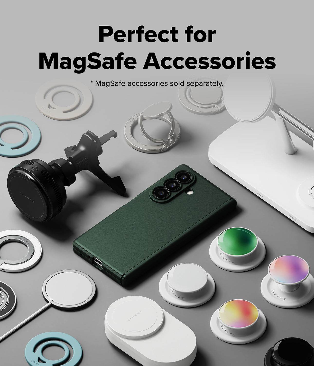 Galaxy Z Fold 8 Ultra Case | Onyx Flap Magnetic - A dark green smartphone shown with MagSafe accessories arranged around it on a light gray background, including a white magnetic stand, white ring clips, a black magnetic mount, and several white circular magnetic pads. Text at the top reads 'Perfect for MagSafe Accessories' with a smaller note that MagSafe accessories are sold separately.