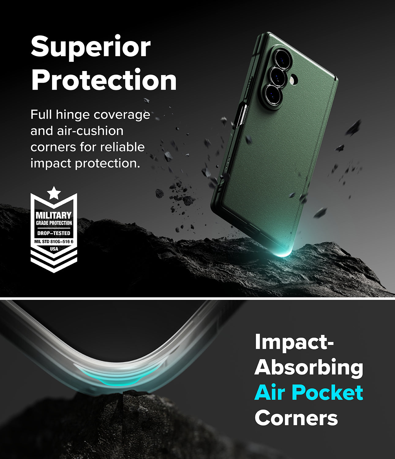 Galaxy Z Fold 8 Ultra Case | Onyx Flap Magnetic - A promotional graphic for a smartphone case showing a green phone inside a clear protective case floating above dark rocks. Text reads 'Superior Protection' and 'Impact-Absorbing Air Pocket Corners,' with a military-style badge on the left and a close-up of the curved transparent corner at the bottom.