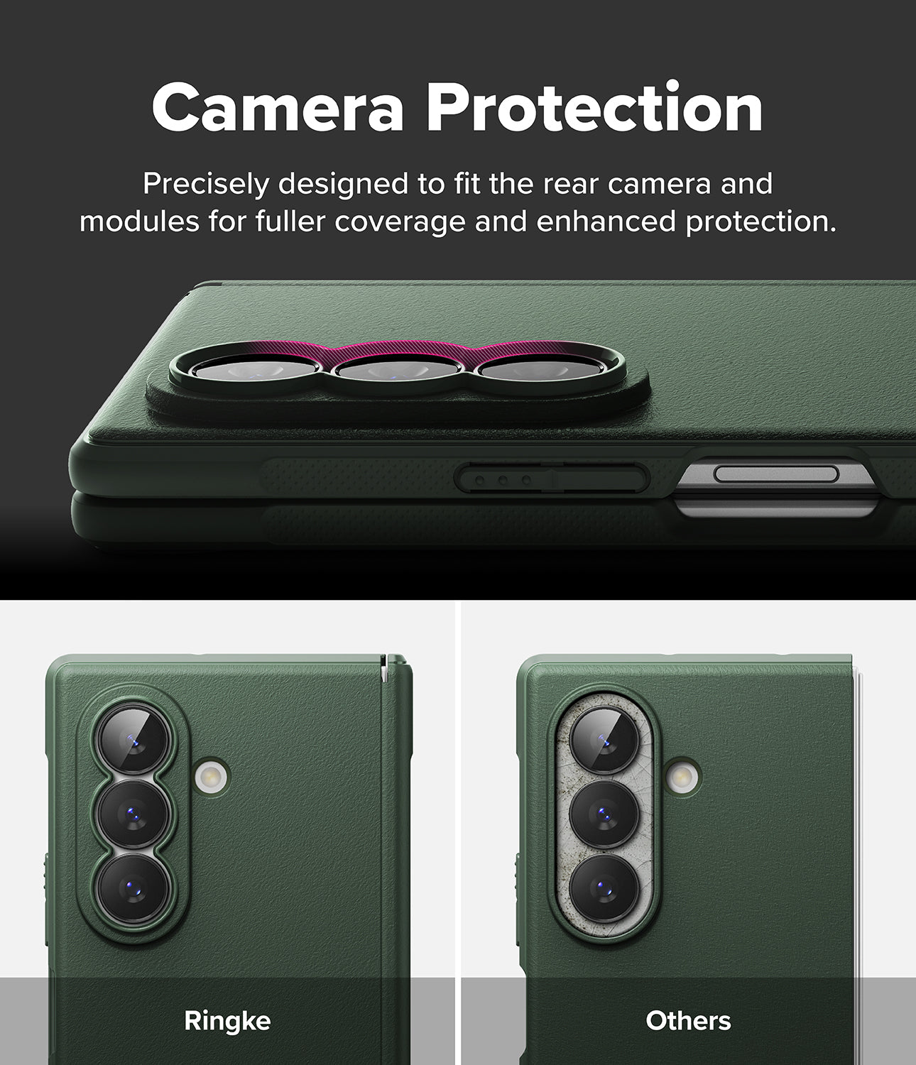 Galaxy Z Fold 8 Ultra Case | Onyx Flap Magnetic - Dark green phone case with a raised camera ring protector, shown from the back with text reading 'Camera Protection' and comparison labels 'Ringke' and 'Others' on a split dark and light background.