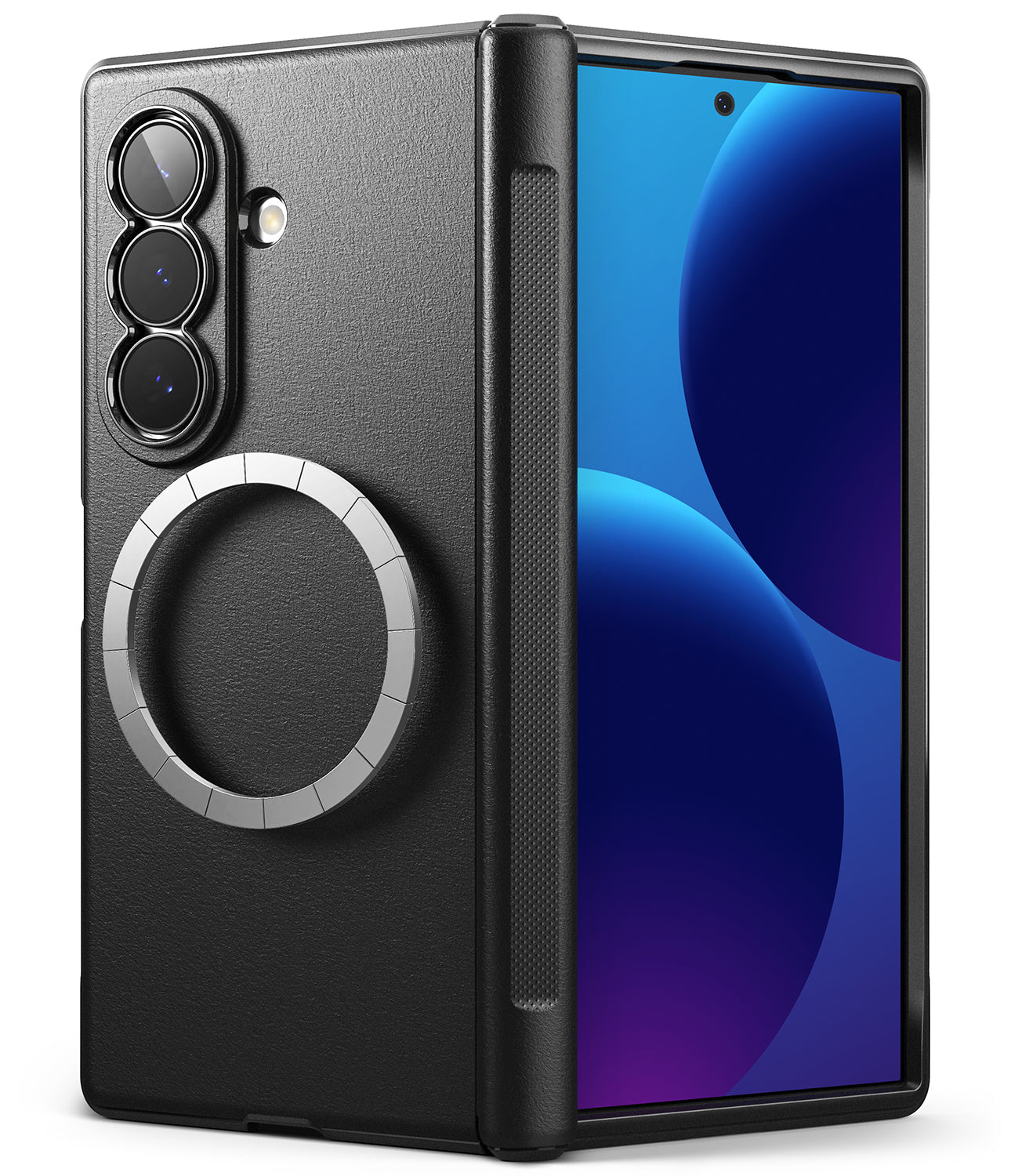 Galaxy Z Fold 8 Ultra Onyx Flap Magnetic black protective case with textured back and magnetic ring.