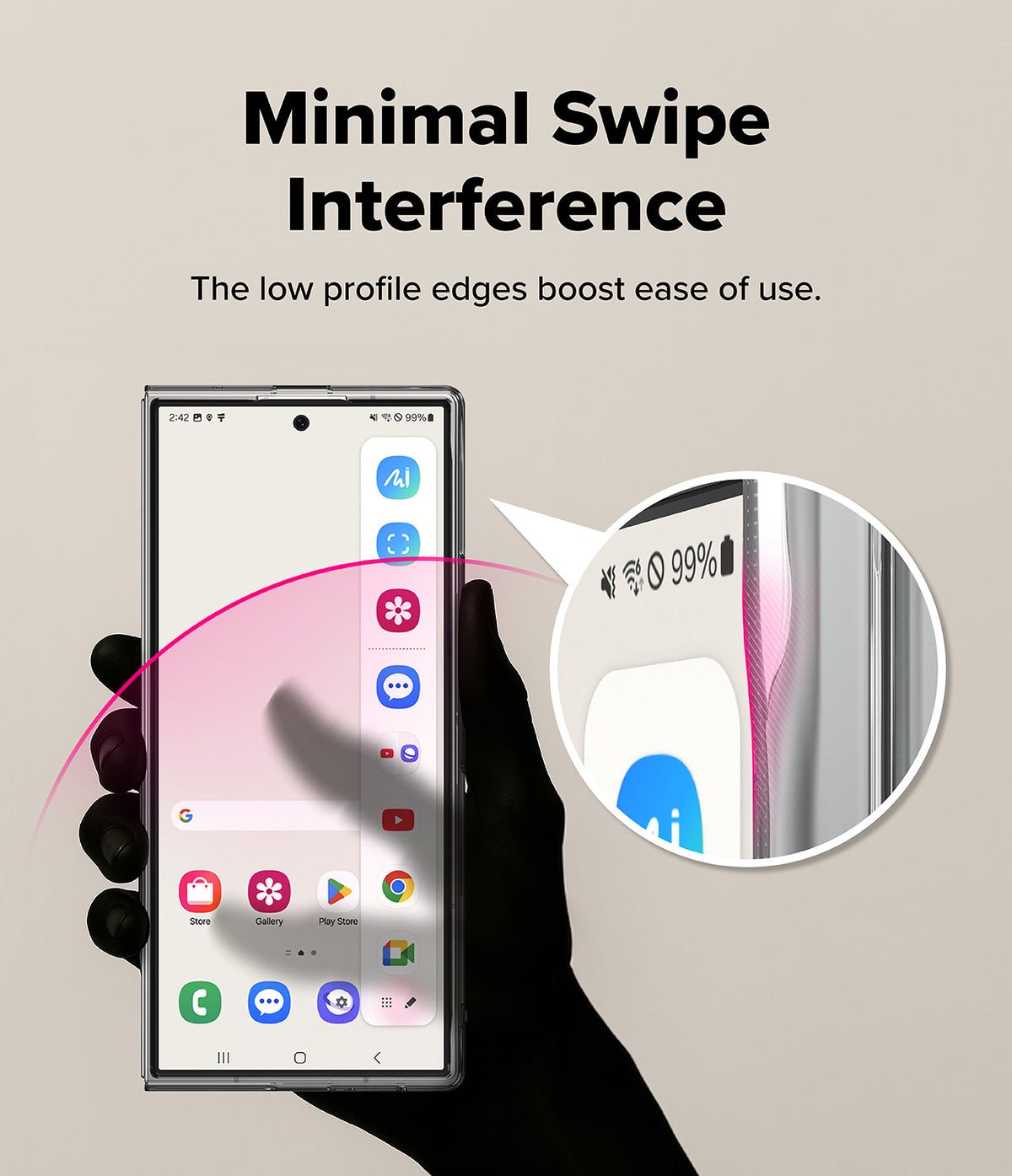Galaxy Z Fold 8 Ultra Case | Slim Magnetic - A hand holds a smartphone showing a screen protector demo. Text at the top reads 'Minimal Swipe Interference' with smaller copy about low-profile edges improving ease of use.