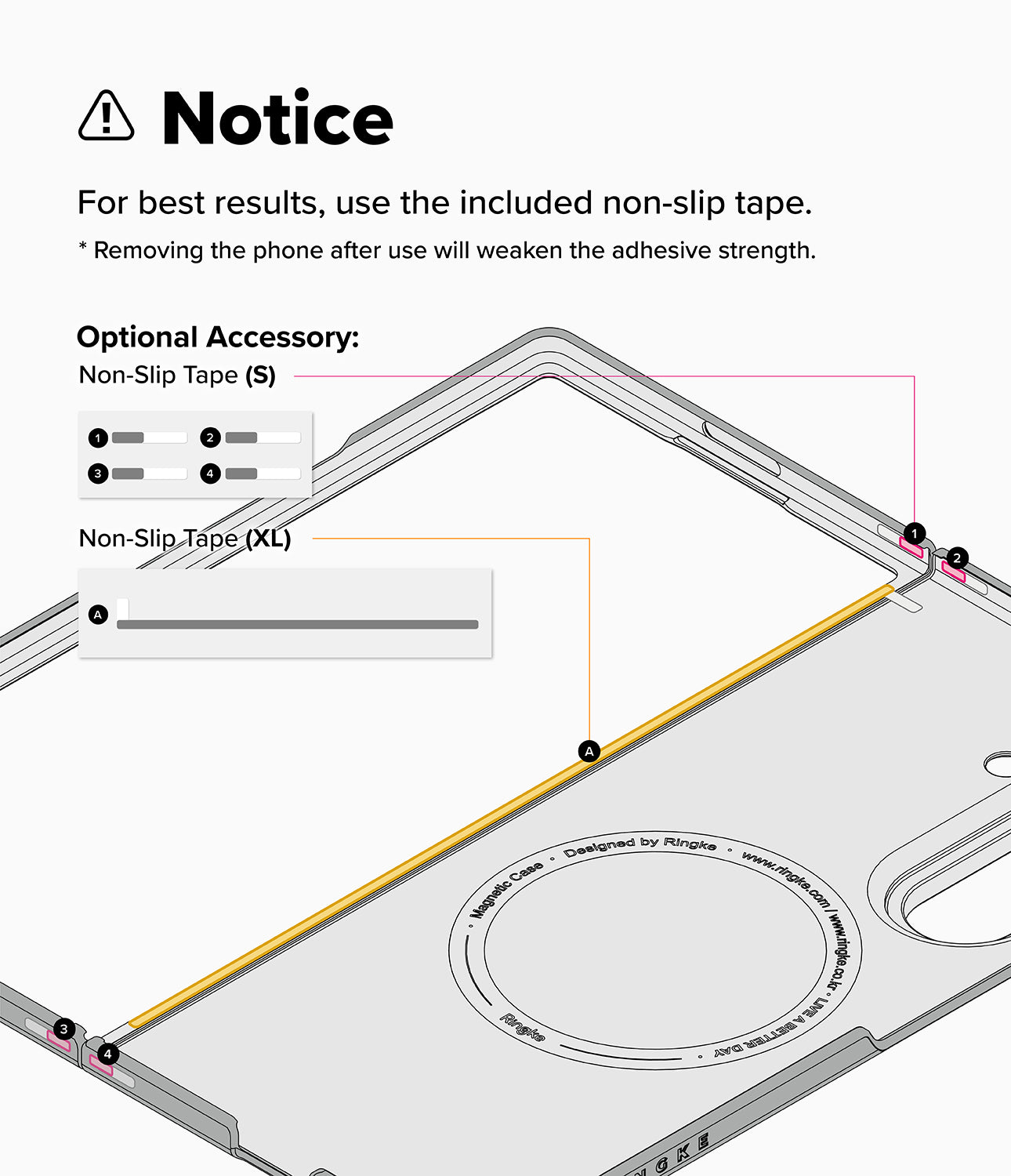 Galaxy Z Fold 8 Ultra Case | Slim Magnetic - Instruction graphic showing a transparent phone case with a yellow non-slip tape overlay and text noting that the included non-slip tape should be used for best results.