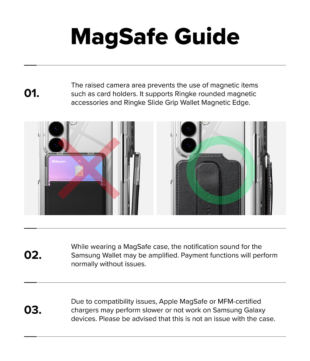 Galaxy Z Fold 8 Ultra Case | Slim Magnetic - A product information graphic titled 'MagSafe Guide' with three numbered points explaining compatibility and features of a MagSafe case, including text about magnetic accessories, Samsung Wallet, and Apple MagSafe compatibility.
