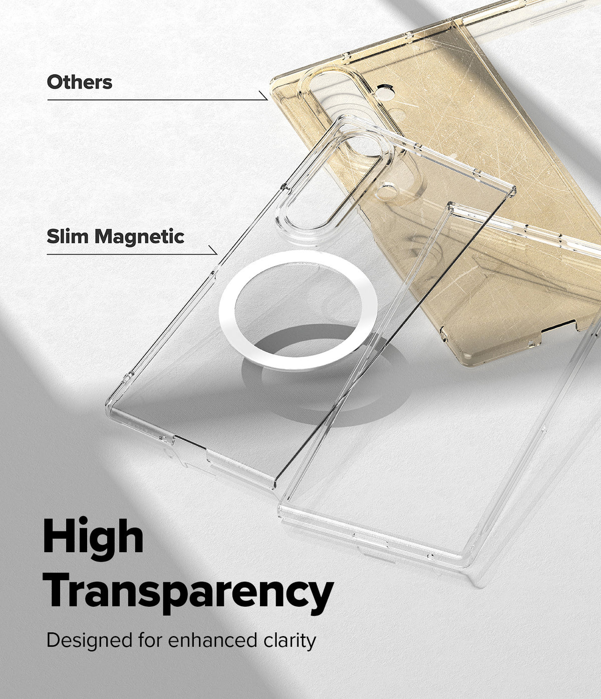Galaxy Z Fold 8 Ultra Case | Slim Magnetic - Transparent phone case with a circular magnetic ring, shown overlapping a gold-colored case on a light gray background with text highlighting high transparency and slim magnetic design.