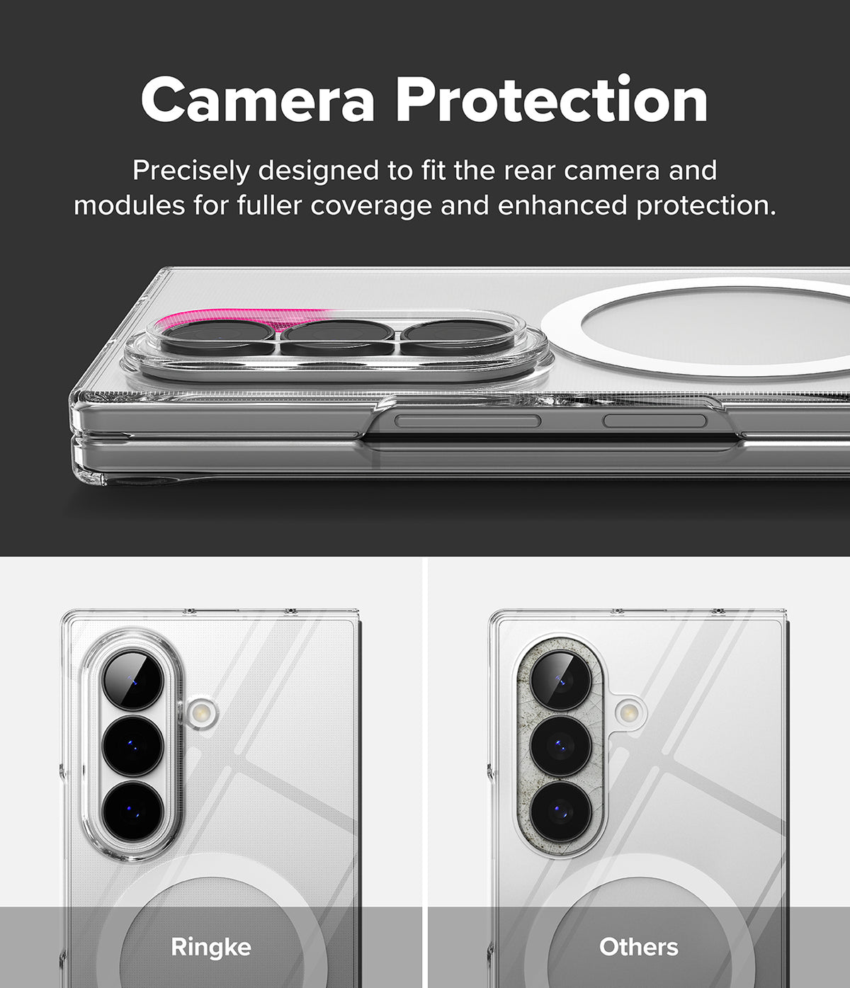 Galaxy Z Fold 8 Ultra Case | Slim Magnetic - Promotional graphic for a phone camera protection case. The top section shows a clear case with a pink accent ring around the camera module and text reading 'Camera Protection.