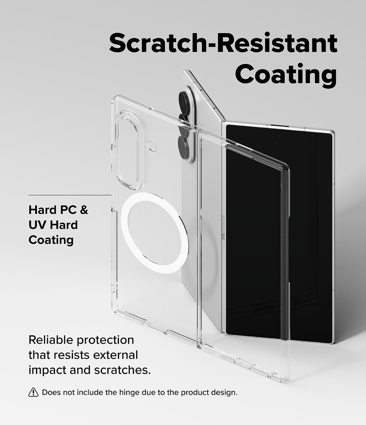 Galaxy Z Fold 8 Ultra Case | Slim Magnetic - Clear smartphone case with a circular MagSafe ring, shown over a black phone on a light gray background with text highlighting scratch-resistant coating and hard PC/UV hard coating.