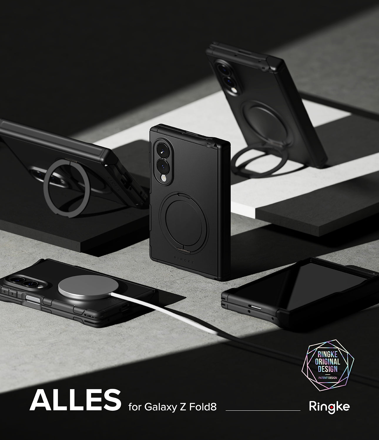 Galaxy Z Fold 8 Case | Alles - Black Ringke ALLES MagSafe case for Samsung Galaxy Z Fold8 shown in multiple angles on a dark gray and black studio background, featuring a circular ring stand and MagSafe compatibility.