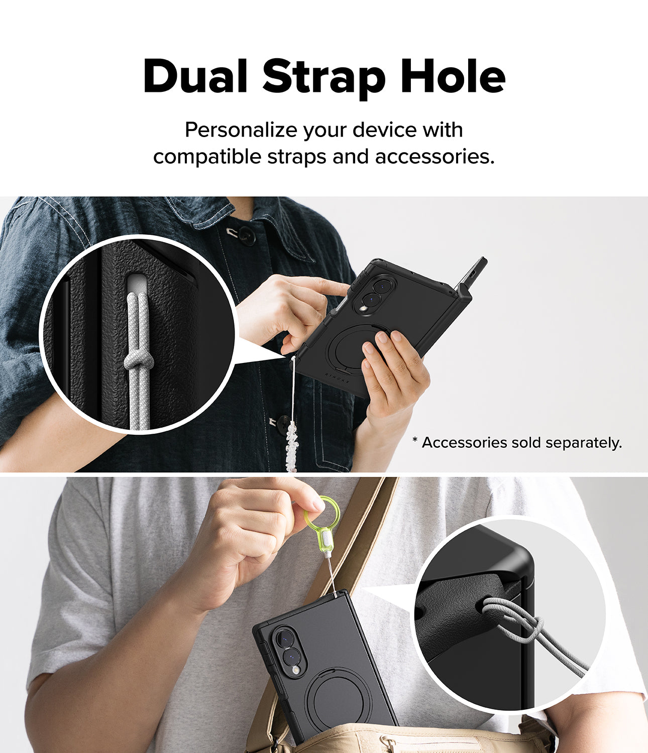 Galaxy Z Fold 8 Case | Alles - Promotional graphic for a black phone case with dual strap holes, showing two lifestyle panels of a person wearing and attaching straps/accessories to the case. Text at the top reads 'Dual Strap Hole' and 'Personalize your device with compatible straps and accessories.