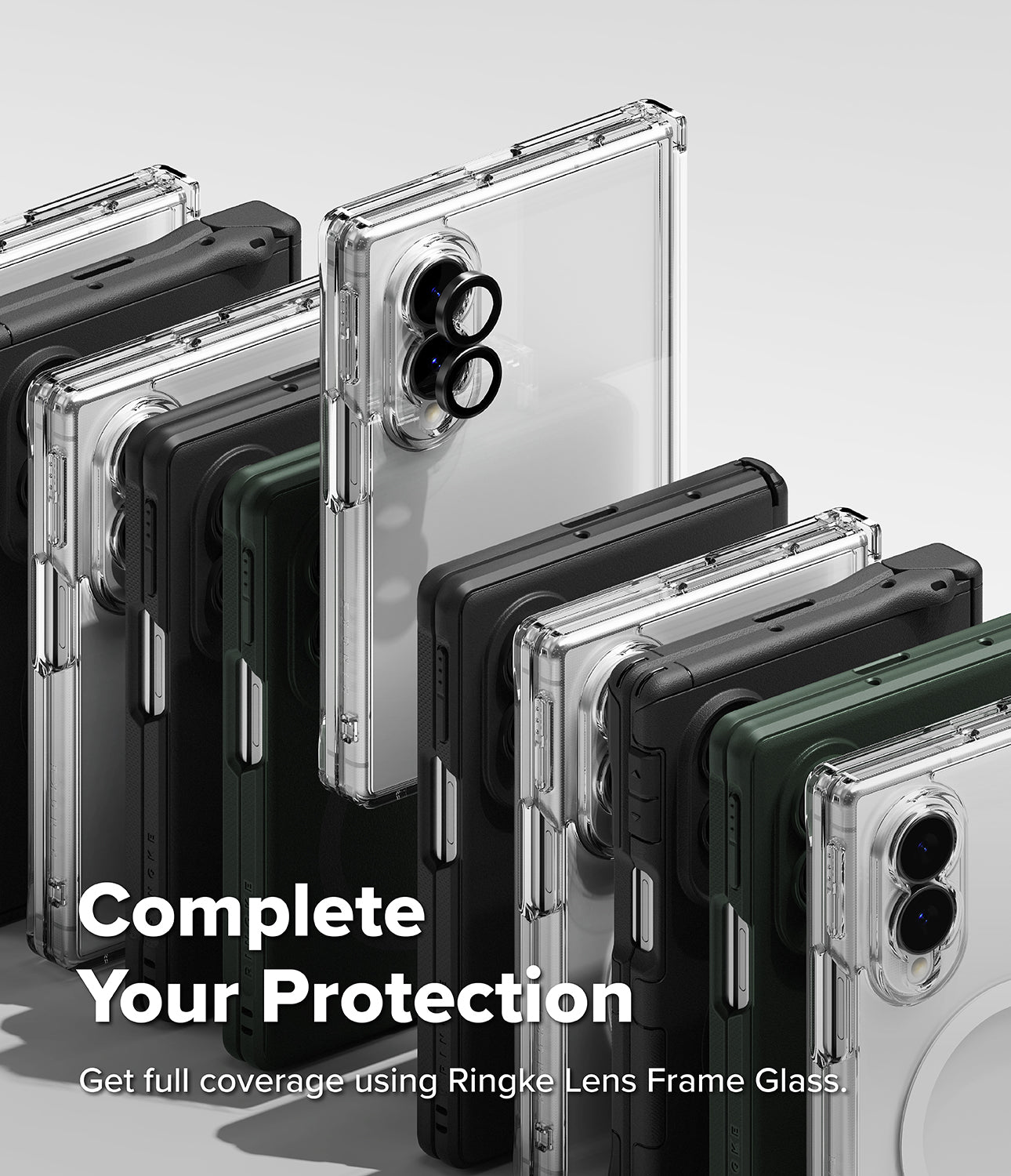 Galaxy Z Fold 8 Case | Alles - A promotional render showing multiple smartphones in clear protective cases with camera lens guards, arranged in a fan-like layout on a light gray background. Large text reads 'Complete Your Protection' and smaller text says 'Get full coverage using Ringke Lens Frame Glass.