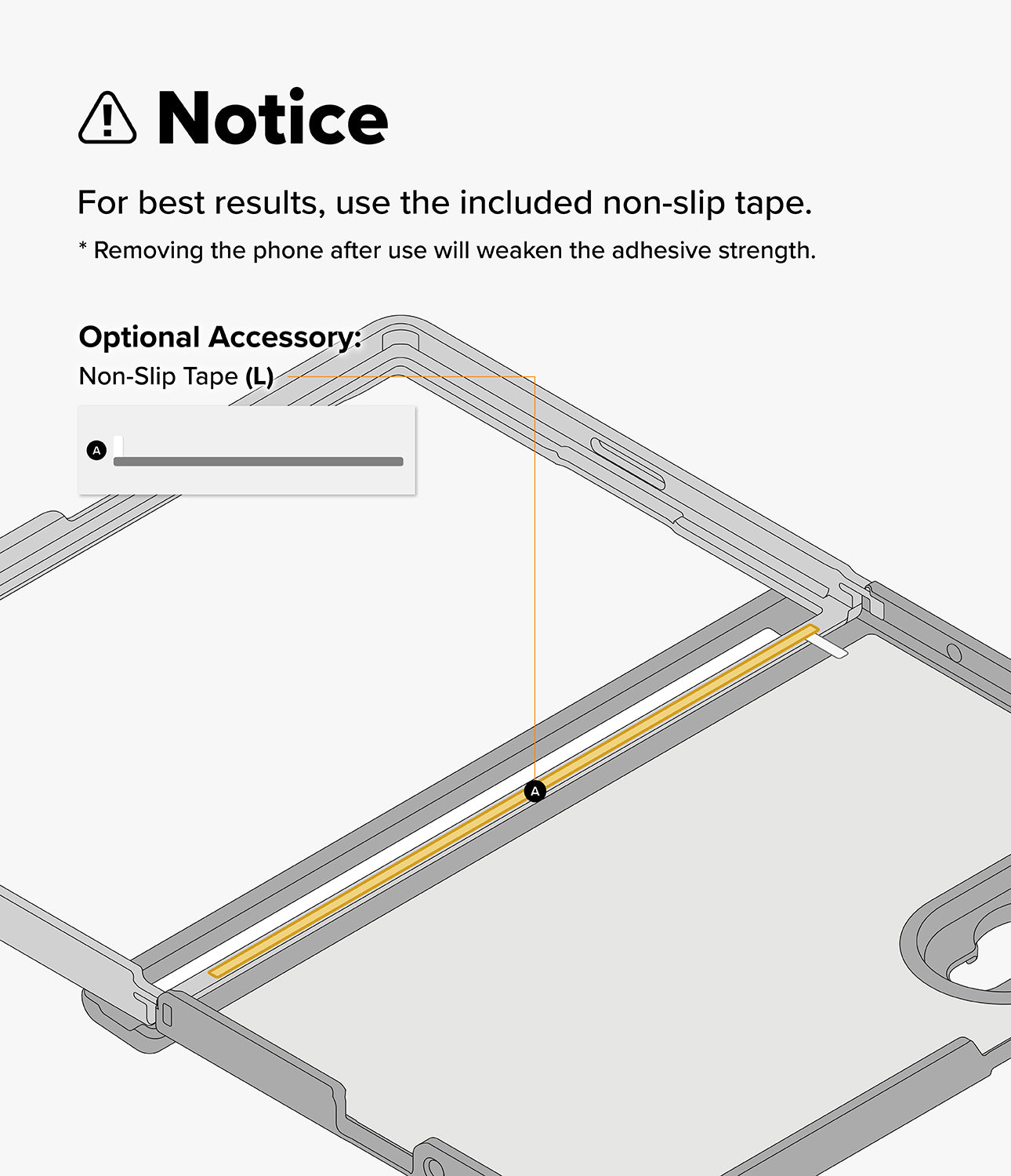 Galaxy Z Fold 8 Case | Alles - Instruction graphic showing a phone case with a note about using included non-slip tape and an optional non-slip tape length indicator on a light gray background.