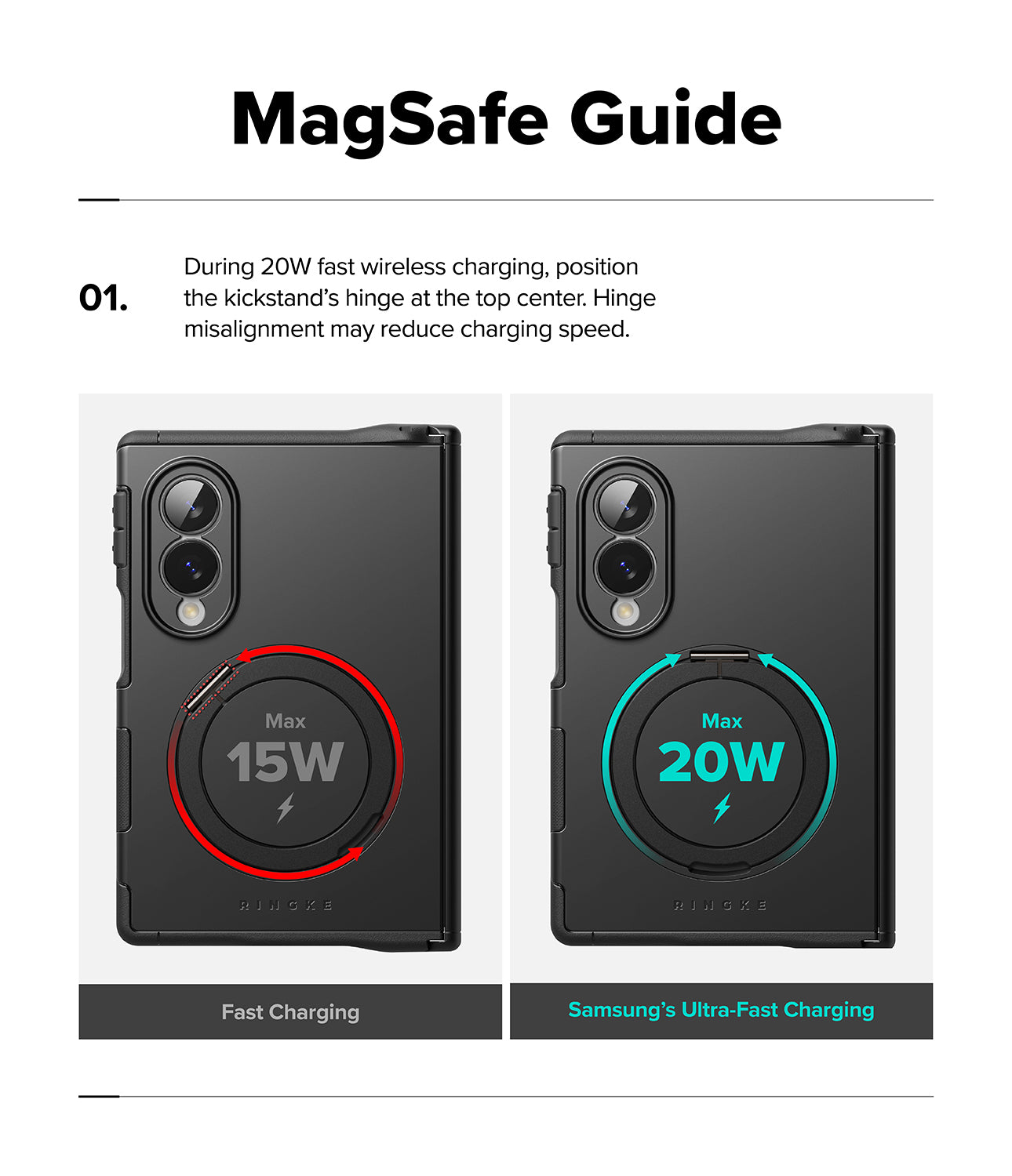 Galaxy Z Fold 8 Case | Alles - MagSafe guide infographic showing two phone cases with wireless charging diagrams. The left case is labeled 'Fast Charging' with a red ring and 15W text, and the right case is labeled 'Samsung's Ultra-Fast Charging' with a teal ring and 20W text.